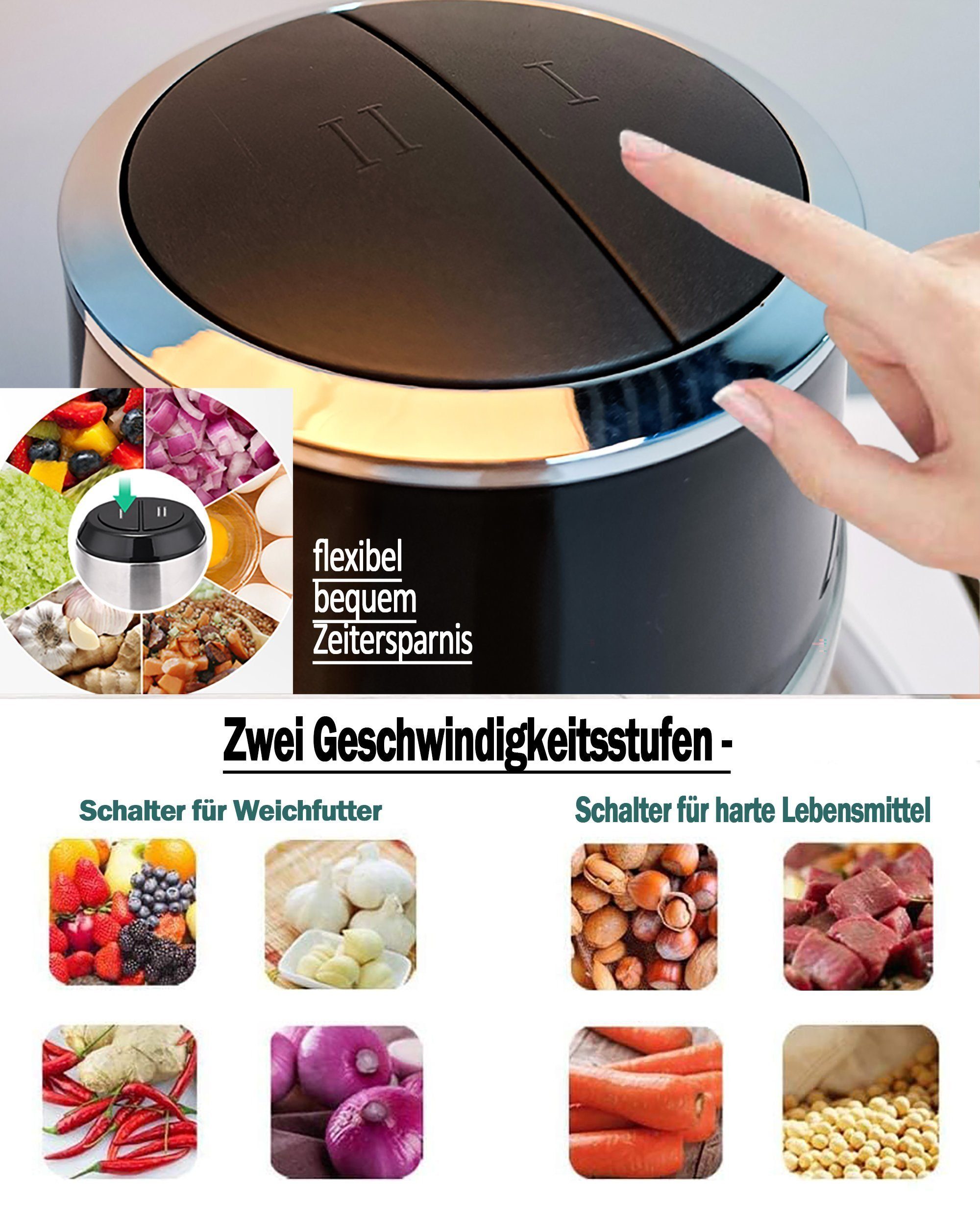 KUGI Zerkleinerer Elektrischer Fleischwolf,elektrisch Gemüseschneider 2L, Zwiebelschneider,4 Schneidemesser,304 Edelstahl,Zweite Drehzahl