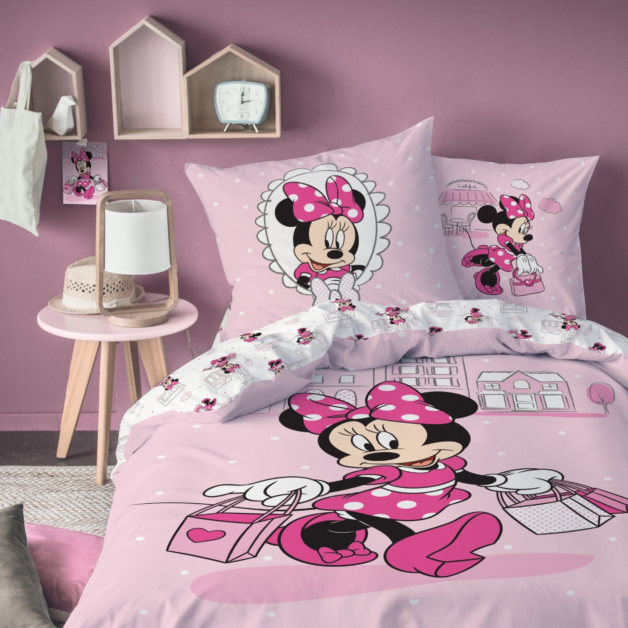 Kinderbettwäsche Minnie Mouse 135x200 + 80x80 cm, 100 % Baumwolle, MTOnlinehandel, Biber, 2 teilig, süße  Minnie Maus Bettwäsche in rosa, pink & weiß