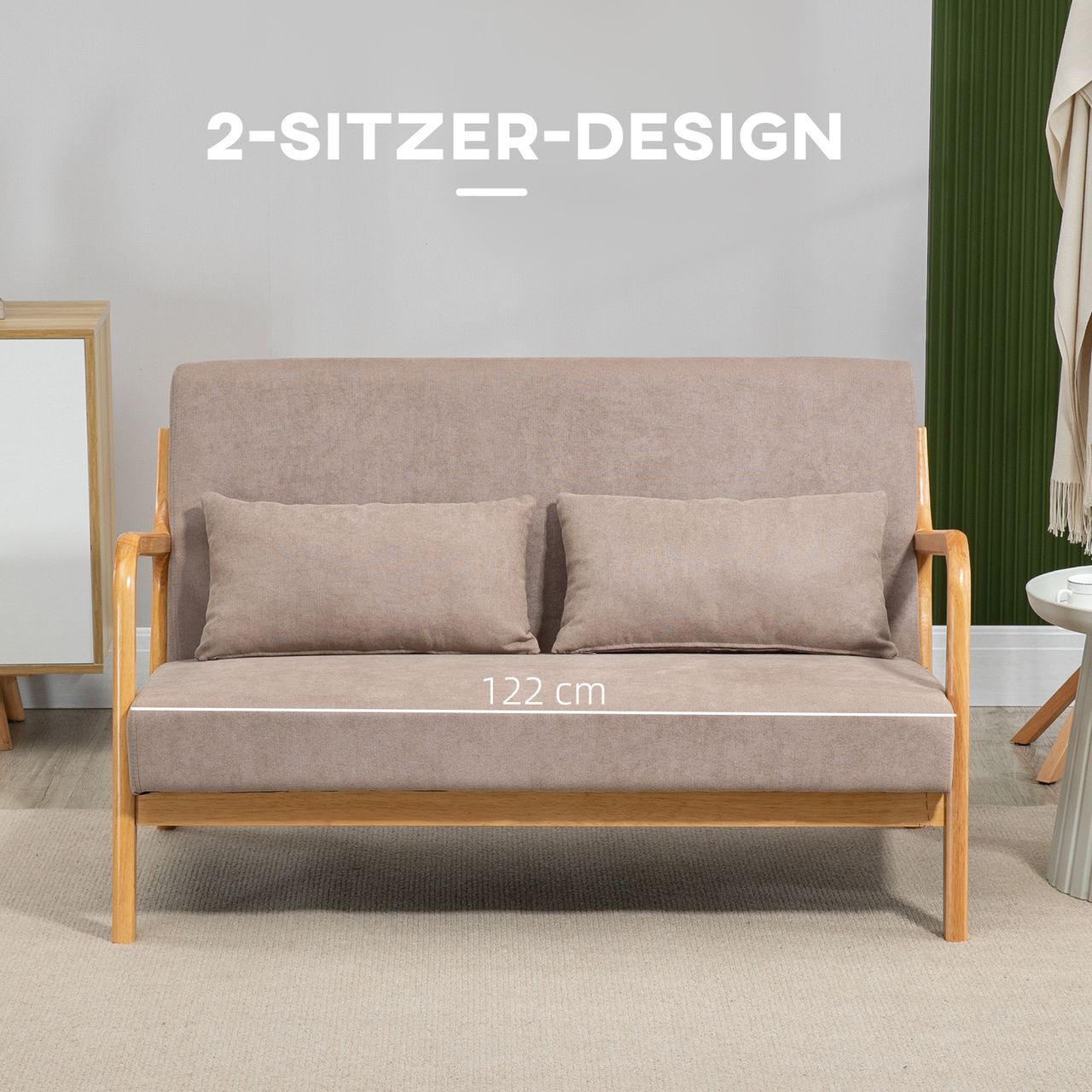 HOMCOM 2-Sitzer Sofa Zweisitzer mit Kissen, Doppelsofa mit Samtoptik Hellgrau