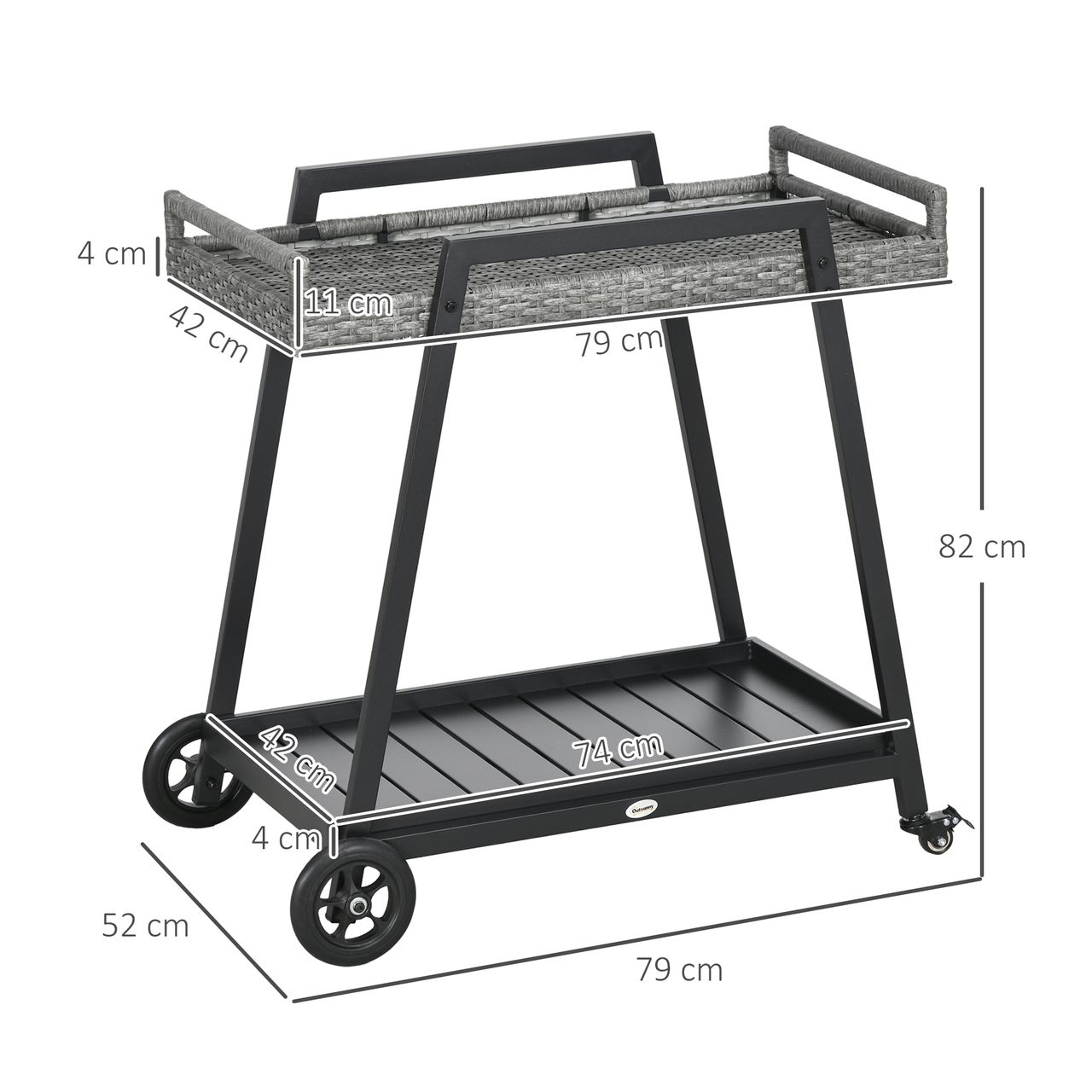 Outsunny Rattan Servierwagen Trolley mit Ablage Gartenrollwagen mit Griff Bremen