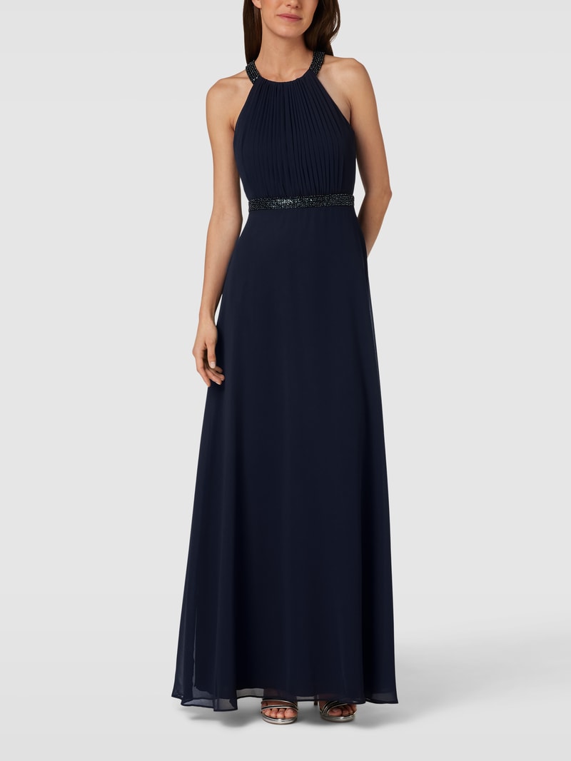 Abendkleid mit Ziersteinbesatz und Raffungen in marineblau