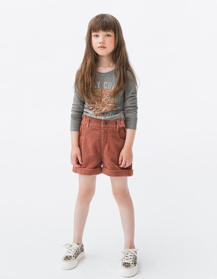 T-shirt kaki tête de léopard sequins fille