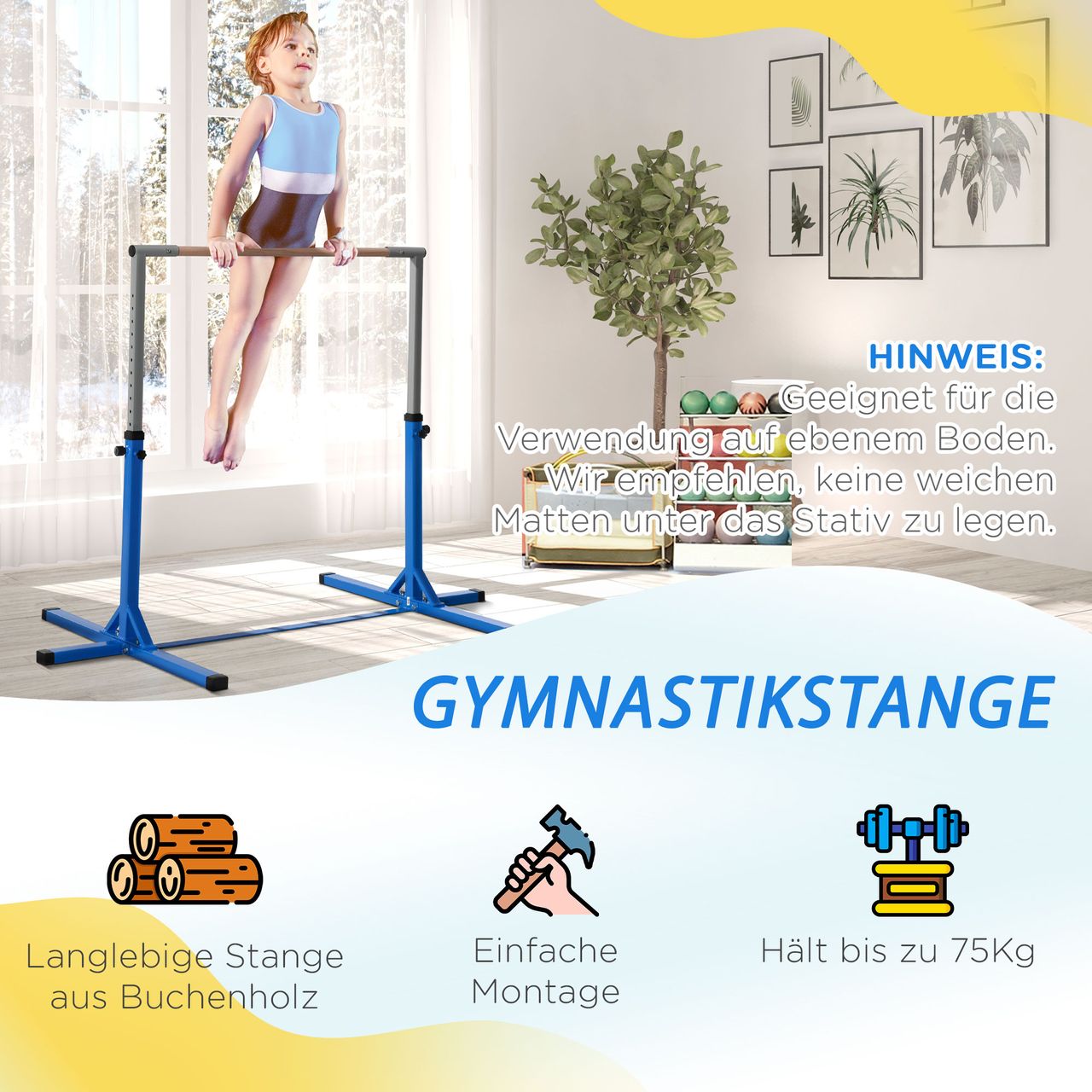 HOMCOM Gymnastik Turnreck Reckstange 13 Stufen höhenverstellbar Blau