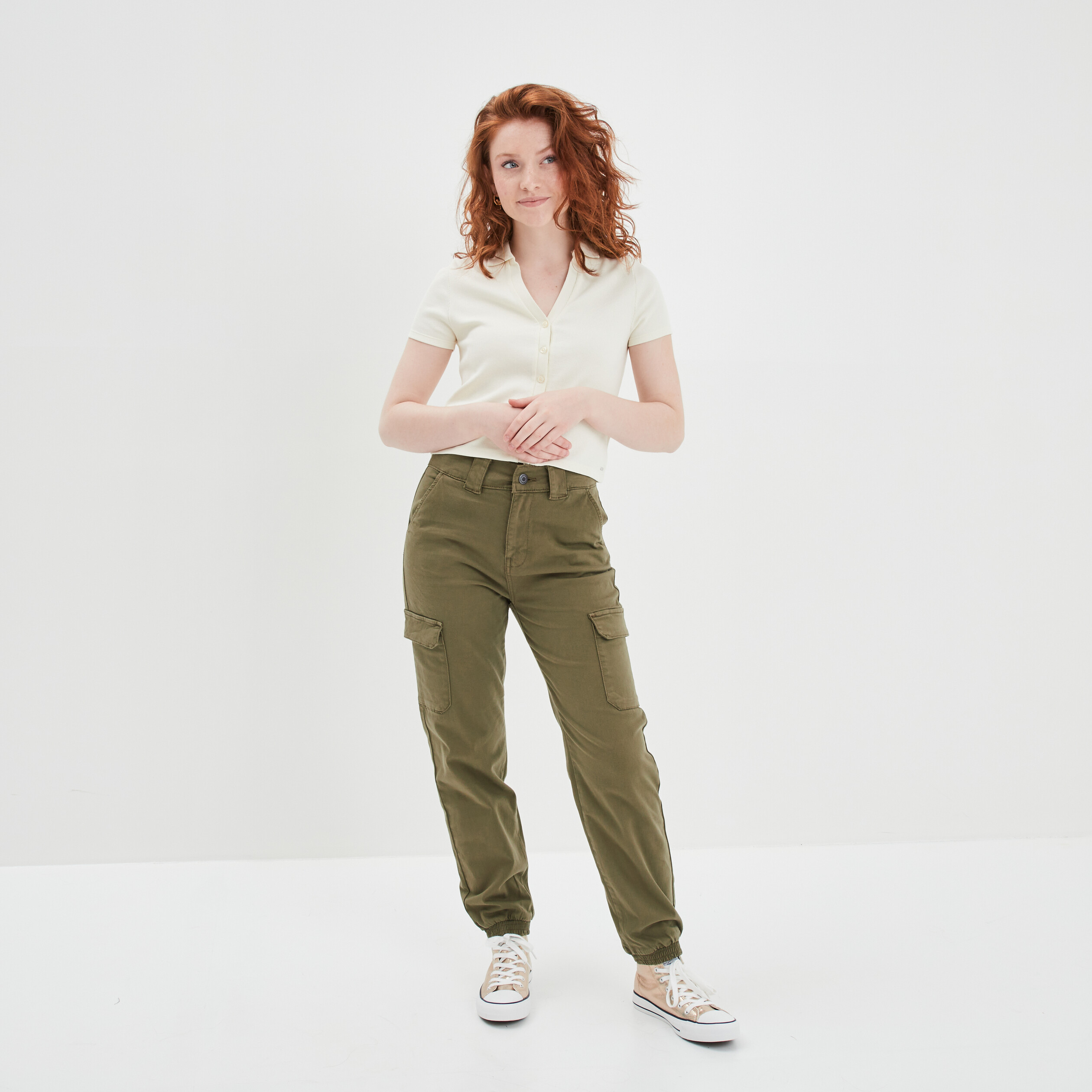 Pantalon cargo taille haute vert kaki femme | La Halle