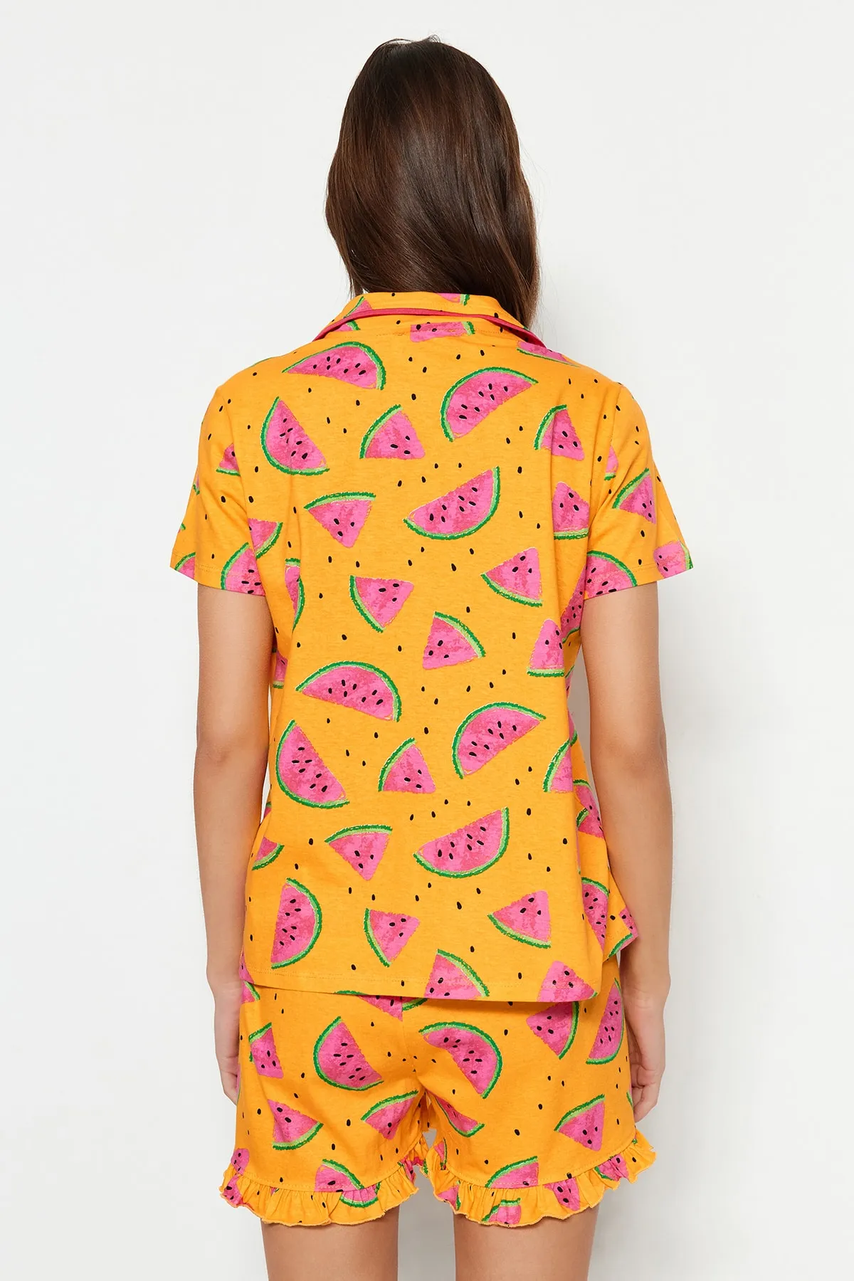 Trendyol Collection  Hellorangees Pyjama-Set aus 100 % Baumwolle mit Wassermelonenmuster und Rüschen, Hemd und Shorts, Strick, THMSS21PT0670