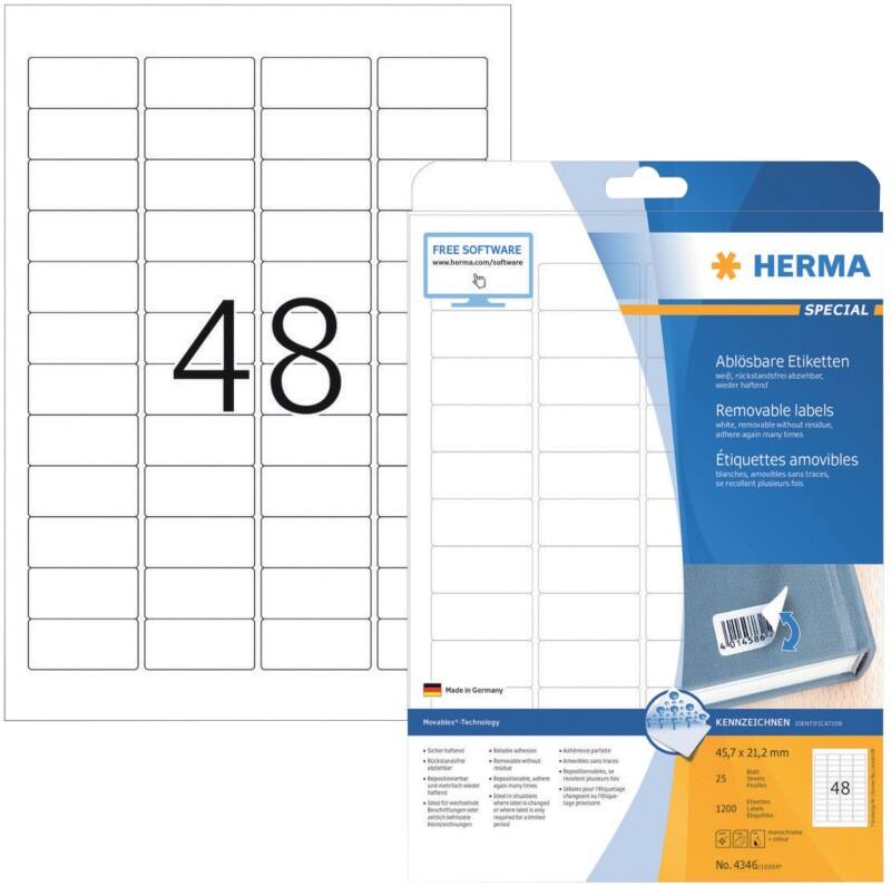 HERMA Wiederablösbare Etiketten 4346 Weiß Rechteckig 1200 Etiketten pro Packung