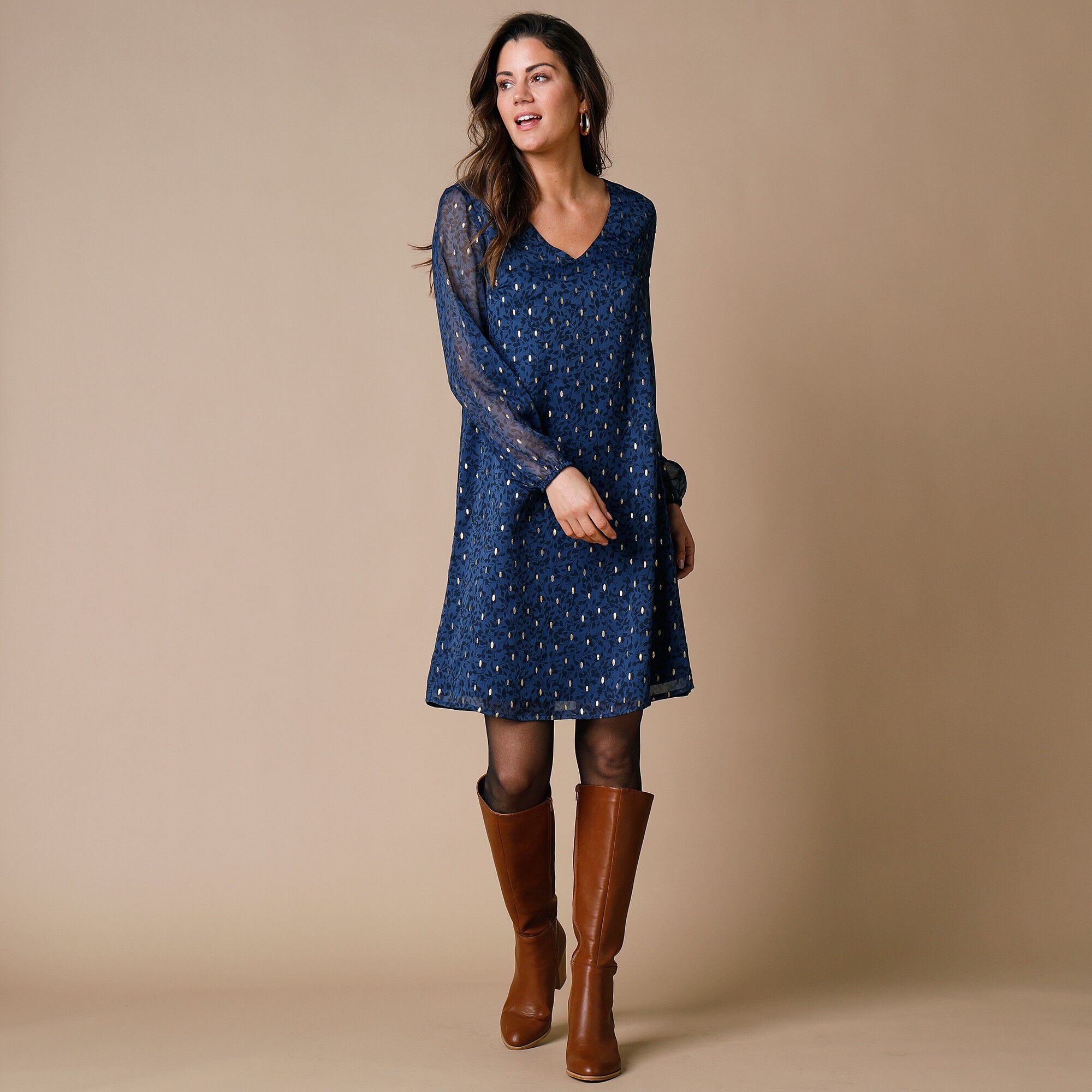 Robe évasée voile imprimé doré