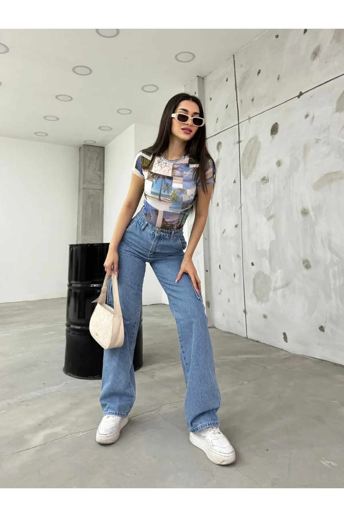 BİKELİFE  Blaue Cargohose mit hoher Taille und weitem Bein für Damen