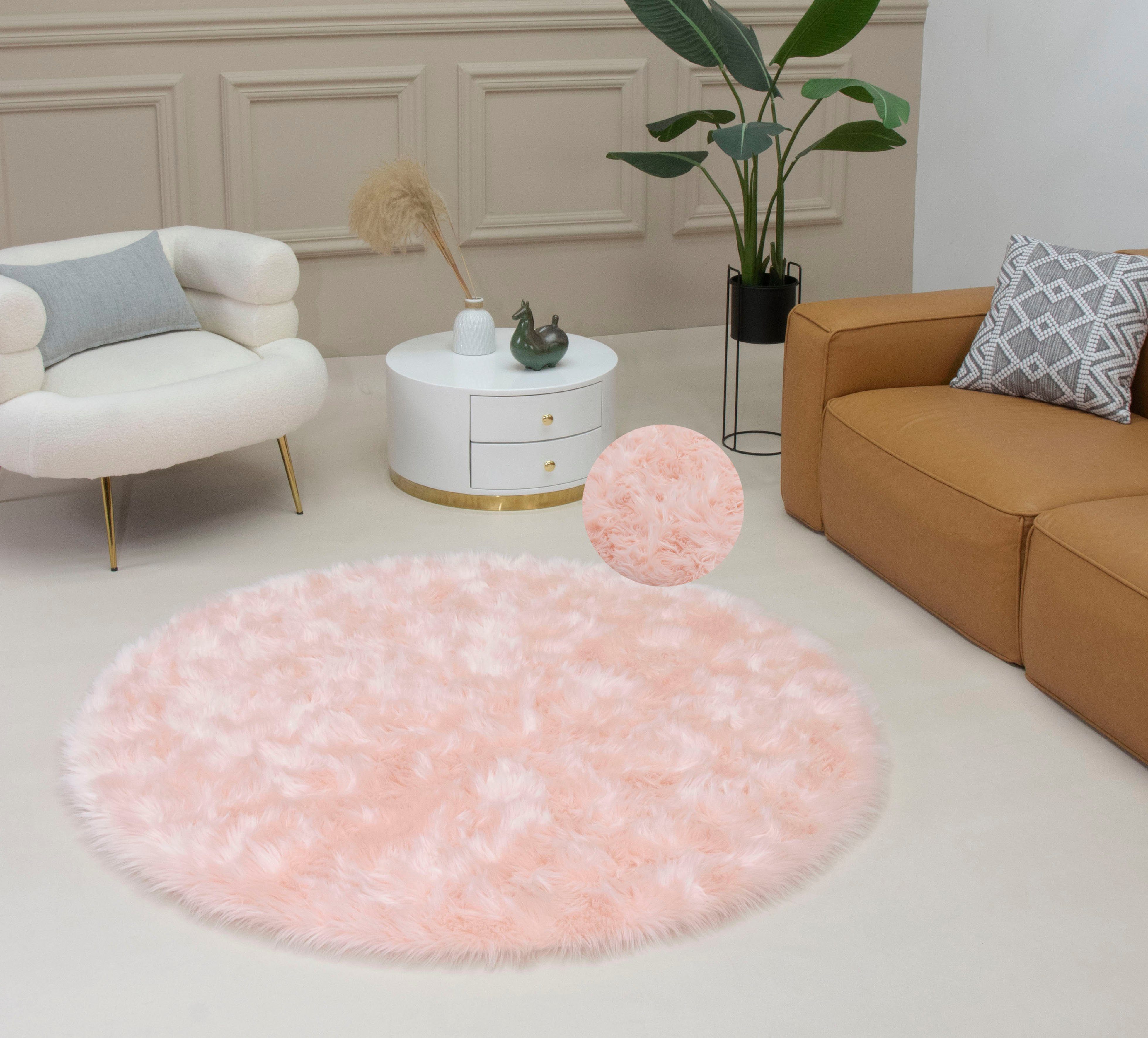 Hochflor-Teppich Dena Teppiche, Home affaire, rund, Höhe: 60 mm, Kunstfell, weich, Uni-Farben, Wohnzimmer, Schlafzimmer, Esszimmer