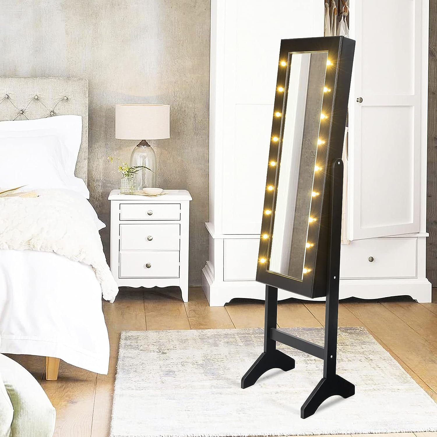 KOMFOTTEU Schmuckschrank mit 2 Spiegel stehend, mit LED, schwarz