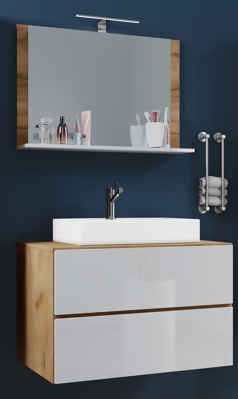 VCM Badblock Lendas M 80cm Unterschrank   Spiegel Honig-Eiche/Weiß