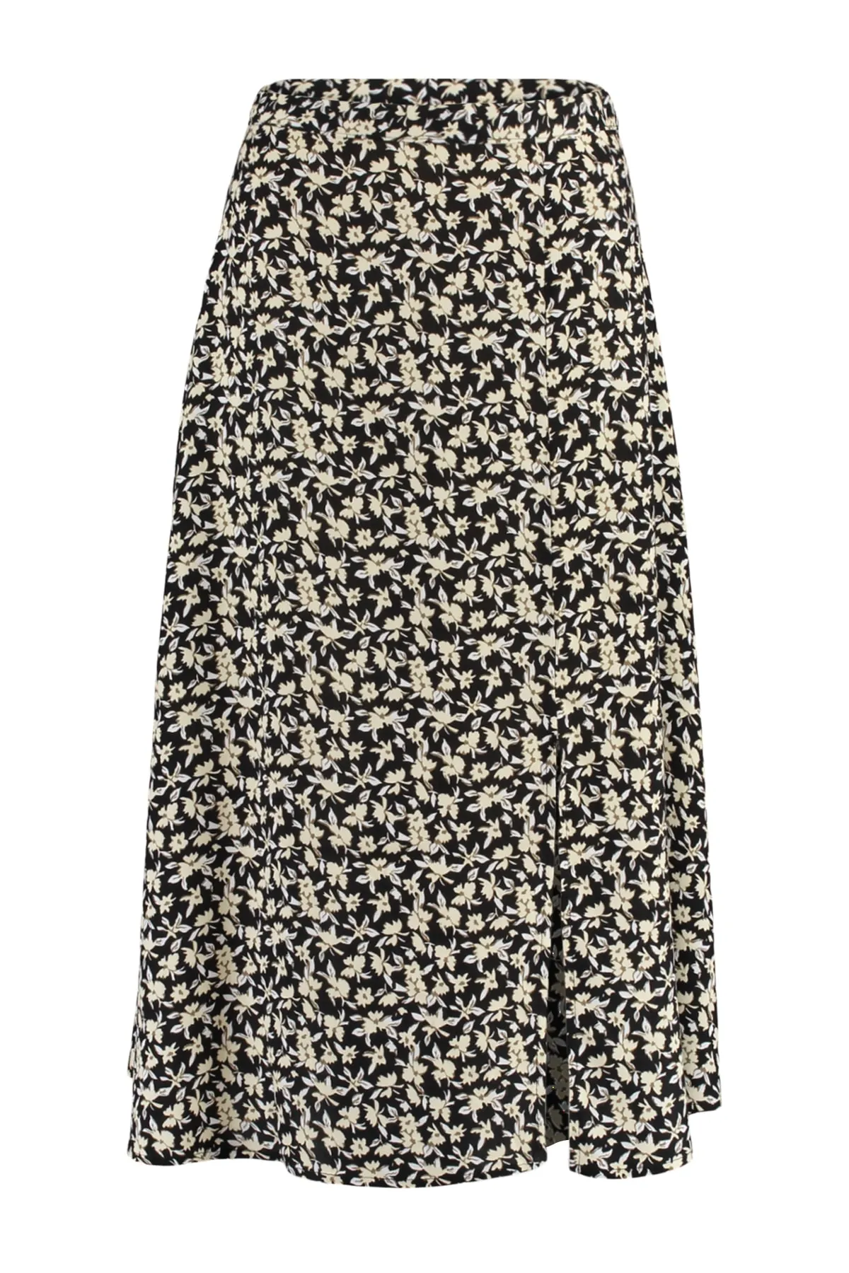 Trendyol Collection  Schwarzer gewebter Midirock aus Viskosestoff mit Schlitzdetail und Blumenmuster TWOSS20ET0230