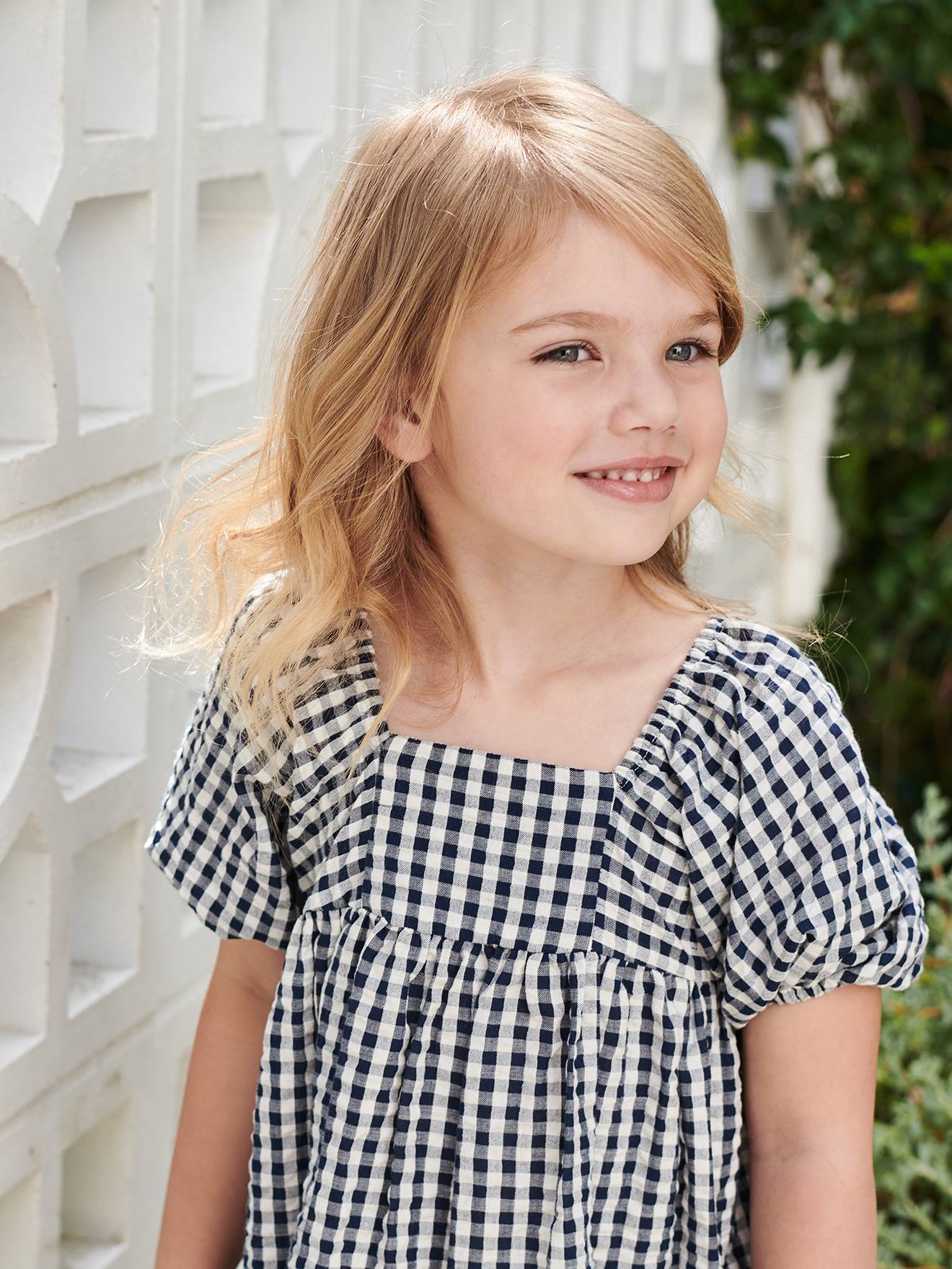 Robe à carreaux vichy fille manche boules carreaux marine