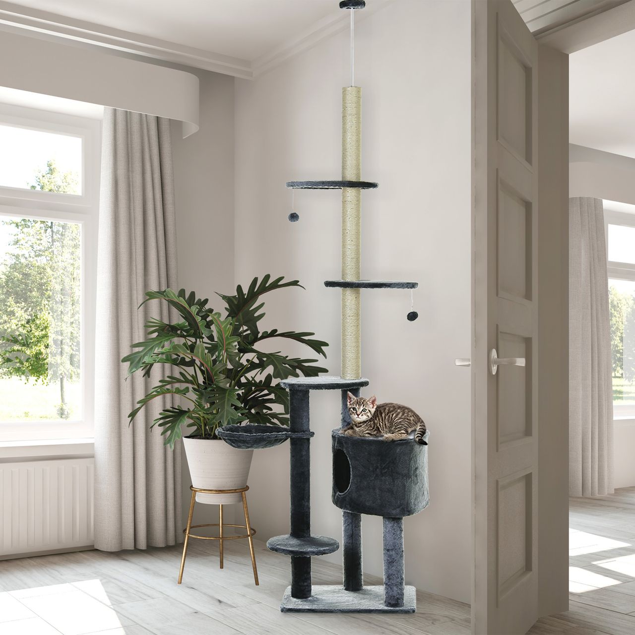 PawHut Kratzbaum mit Sisalsäulen, Katzenkratzbaum, Katzen Kletterbaum, Dunkelgrau, 55 x 45 x 220-265cm