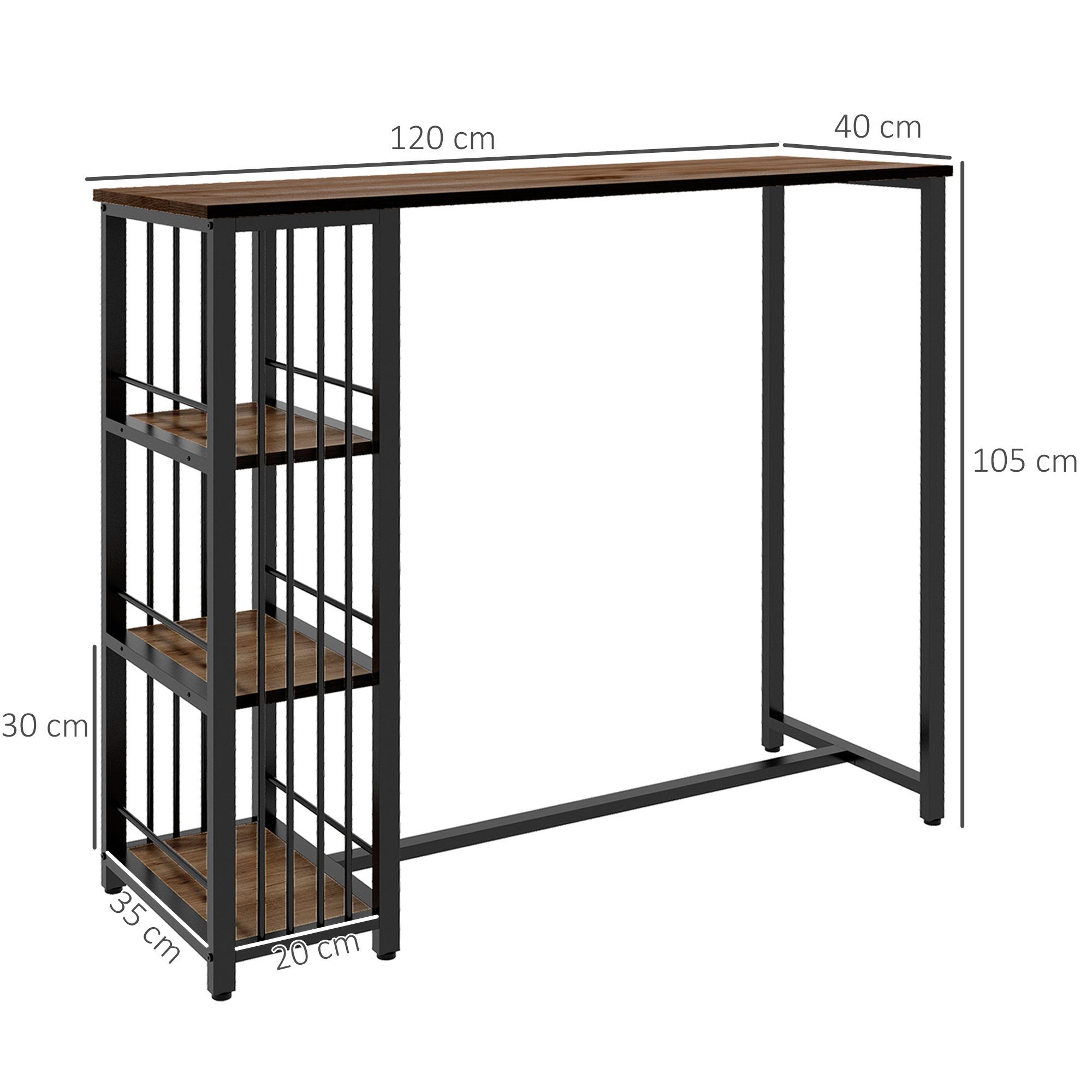 HOMCOM Bartisch Küchentisch, Rundtisch, Tisch für 2 Personen, Industriell (Tresentisch, 1-St., Stehtisch), mit 3 Regale
