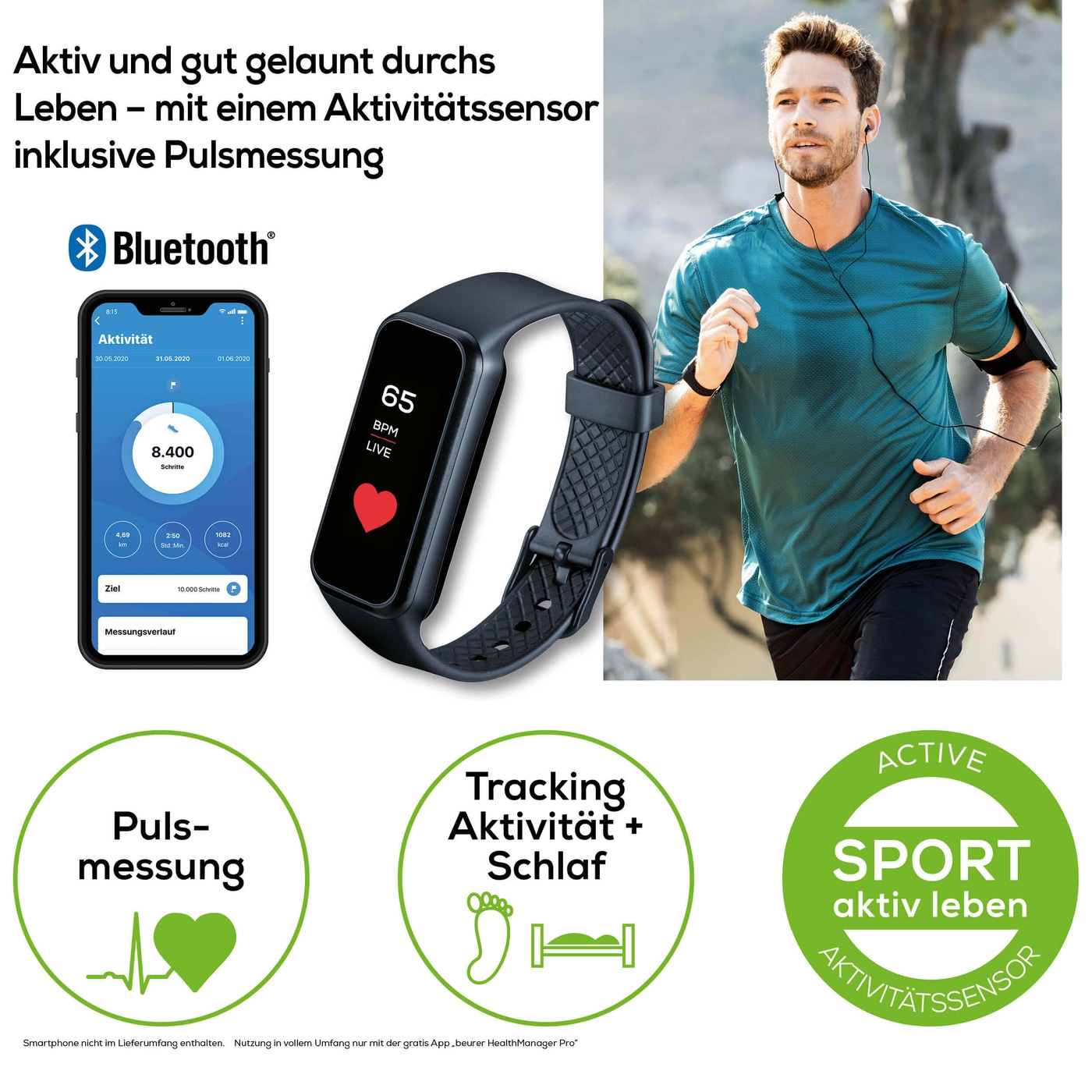 Beurer Aktivitätssensor AS 99 Pulse Bluetooth®-Tracking Fitnessuhr mit Nachrichtenfunktion, Pulsmessung & Kamera-Fernauslöser