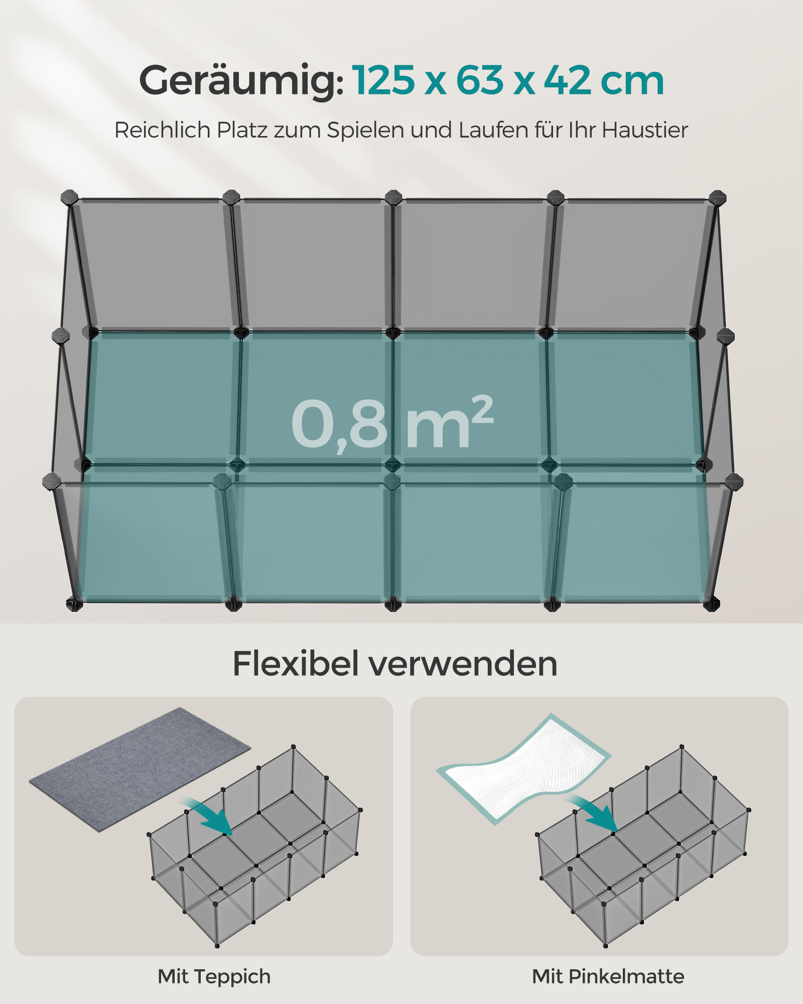 SONGMICS Freigehege SONGMICS L-XL Freigehege mit Bodenplatten grau 1,25 m, 63 cm, 42 cm