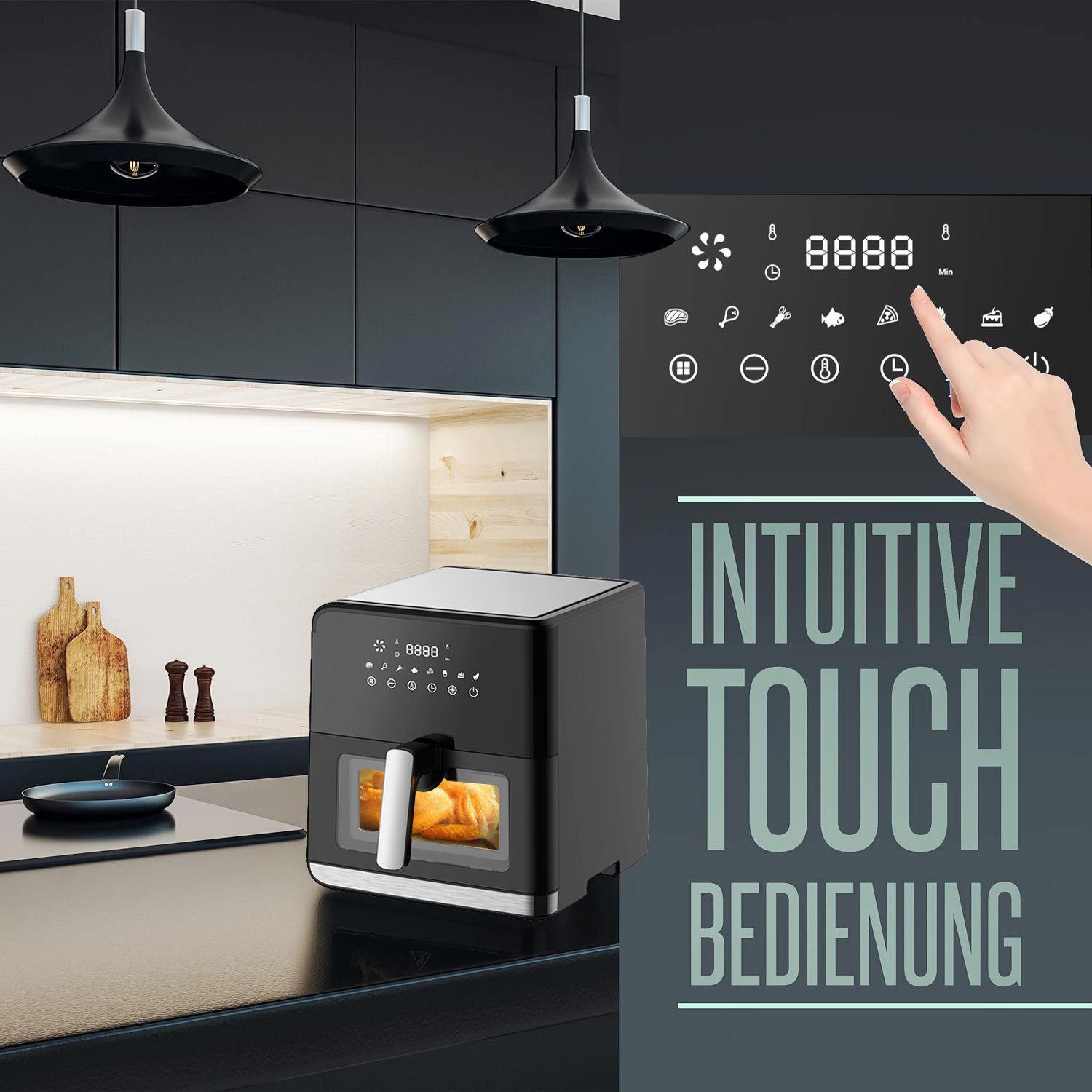 TAB Heißluftfritteuse 7,5L XXL Air fryer, Ohne Öl Heizluft Fritteuse LED Touchscreen, 1700,00 W, Einstellbare Temperaturregelung, Sichtbares Sichtfenster
