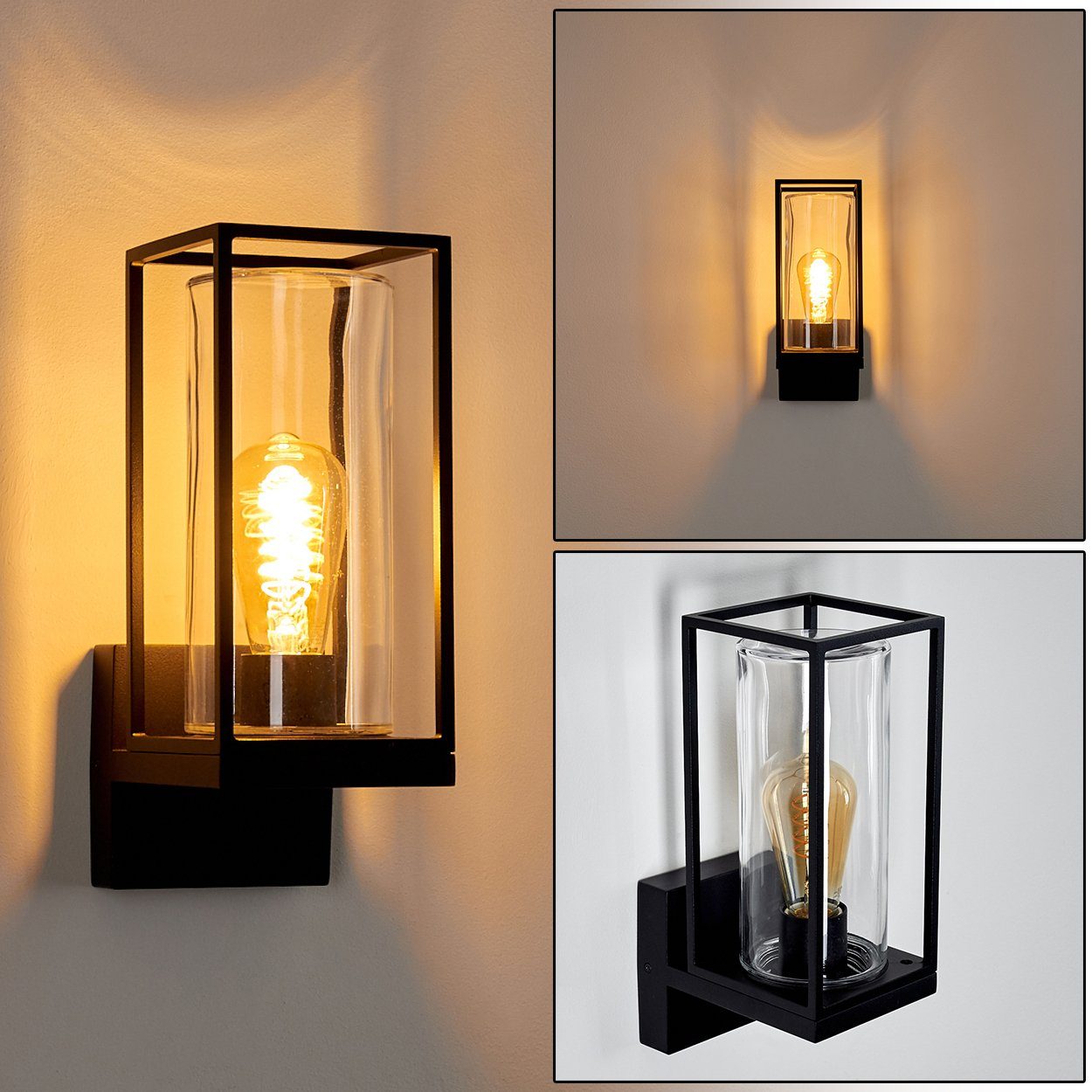 hofstein Außen-Wandleuchte Besana Wandlampe aus Metall, Schwarz, 4 Gläser Bernsteinfarben/Klar, ohne Leuchtmittel, Industrial Style Außenlampe mit Lichteffekt an der Wand, E27, IP44