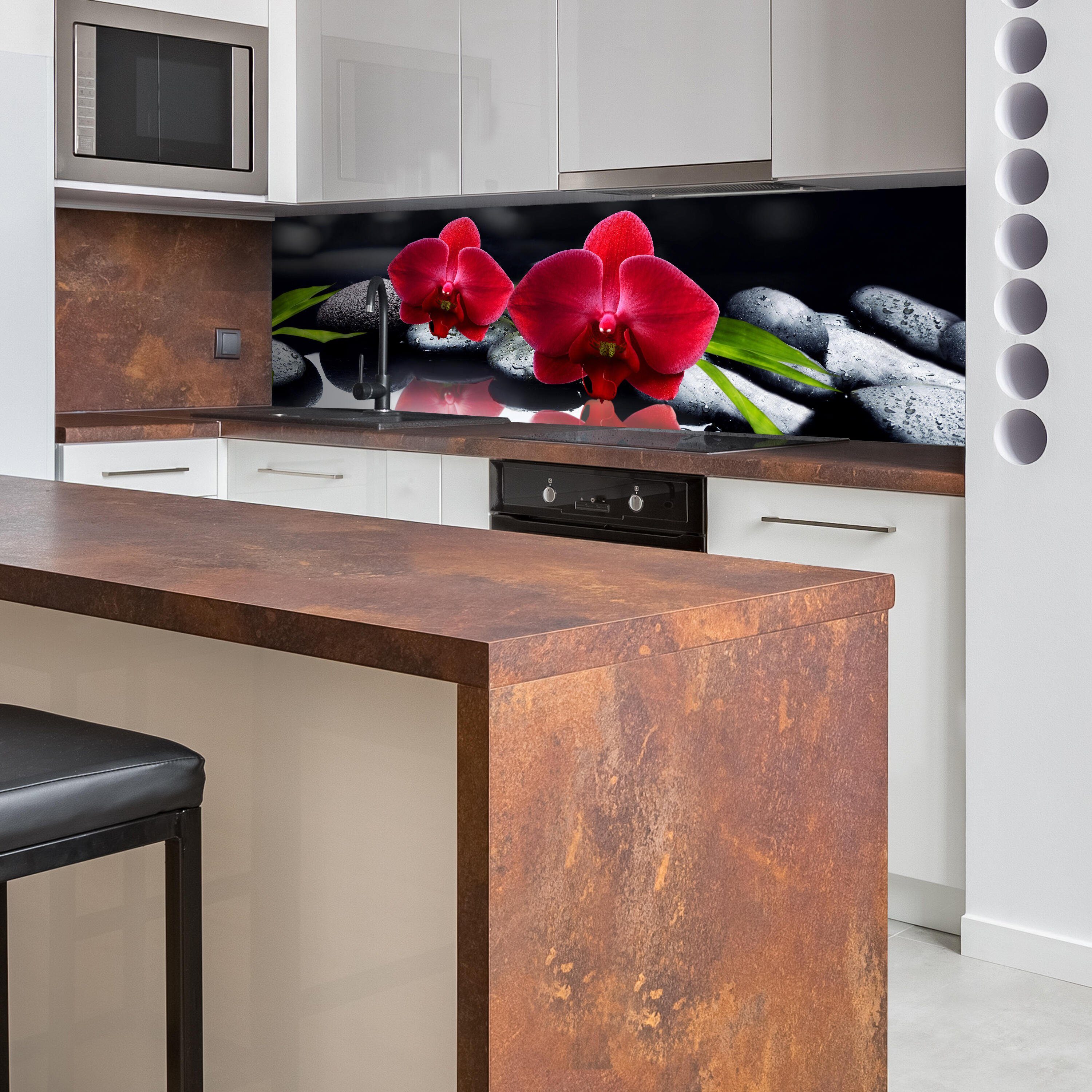 wandmotiv24 Küchenrückwand Orchidee rot Steine schwarz tropfen Spie, (1-tlg), Premium Hartschaum Nischenrückwand in versch. Größen