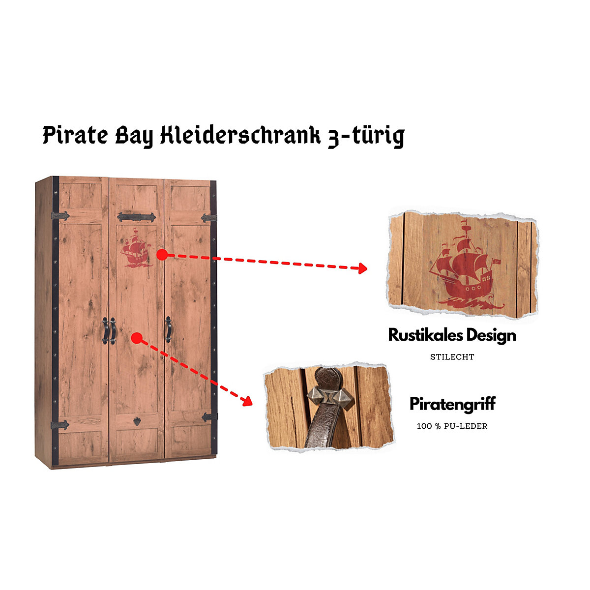 Kinderzimmer 2-teilig mit Piratenbett in Schiffsform mit Ausziehbett und Matratze