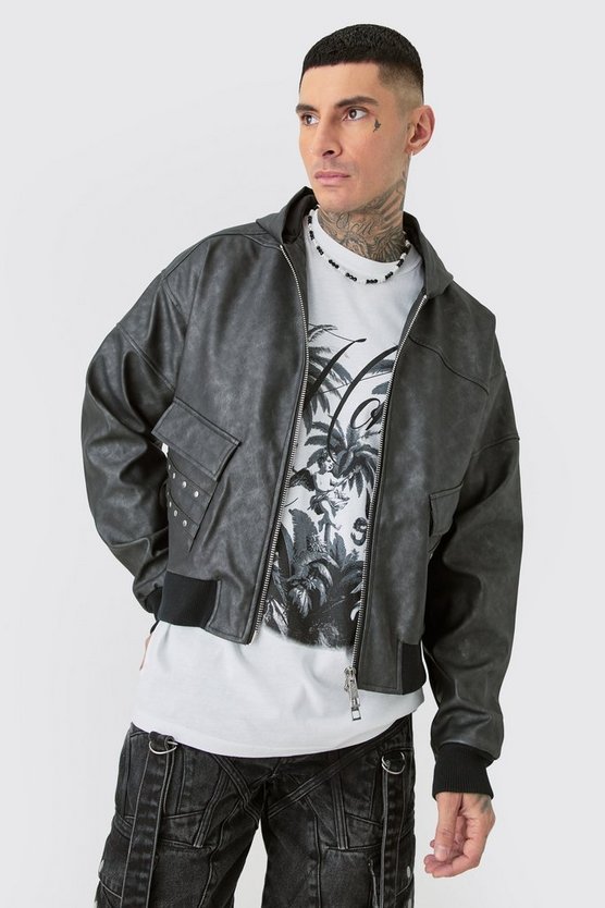 Tall PU-Bomberjacke mit Kapuze