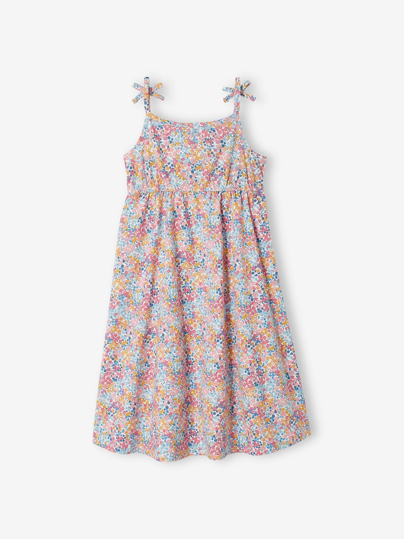 Robe mi-longue à bretelles imprimée fleurs fille framboise