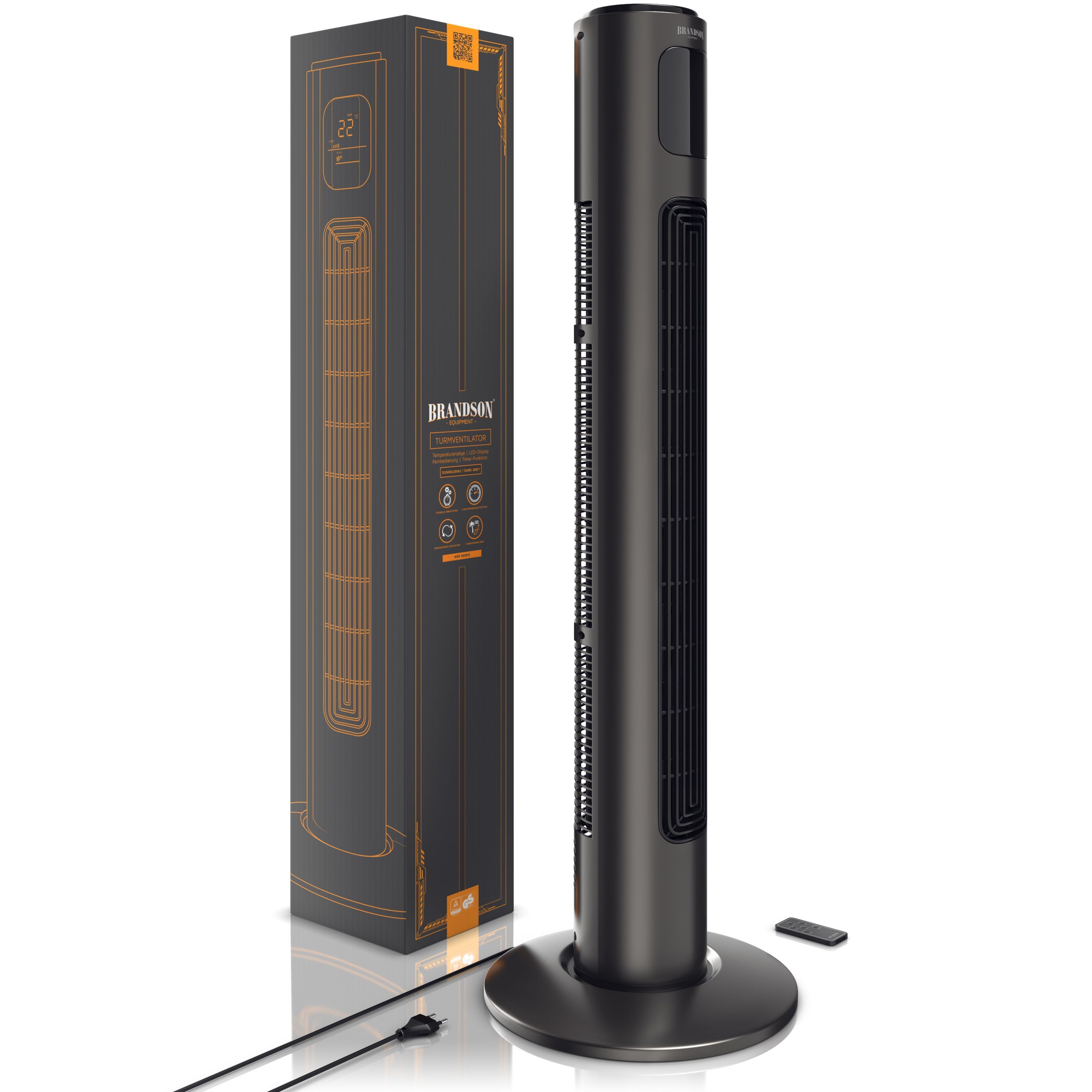 Brandson Turmventilator, Oszillation 65°, Timer, Fernbedienung, Standventilator 96cm, Aschgrau