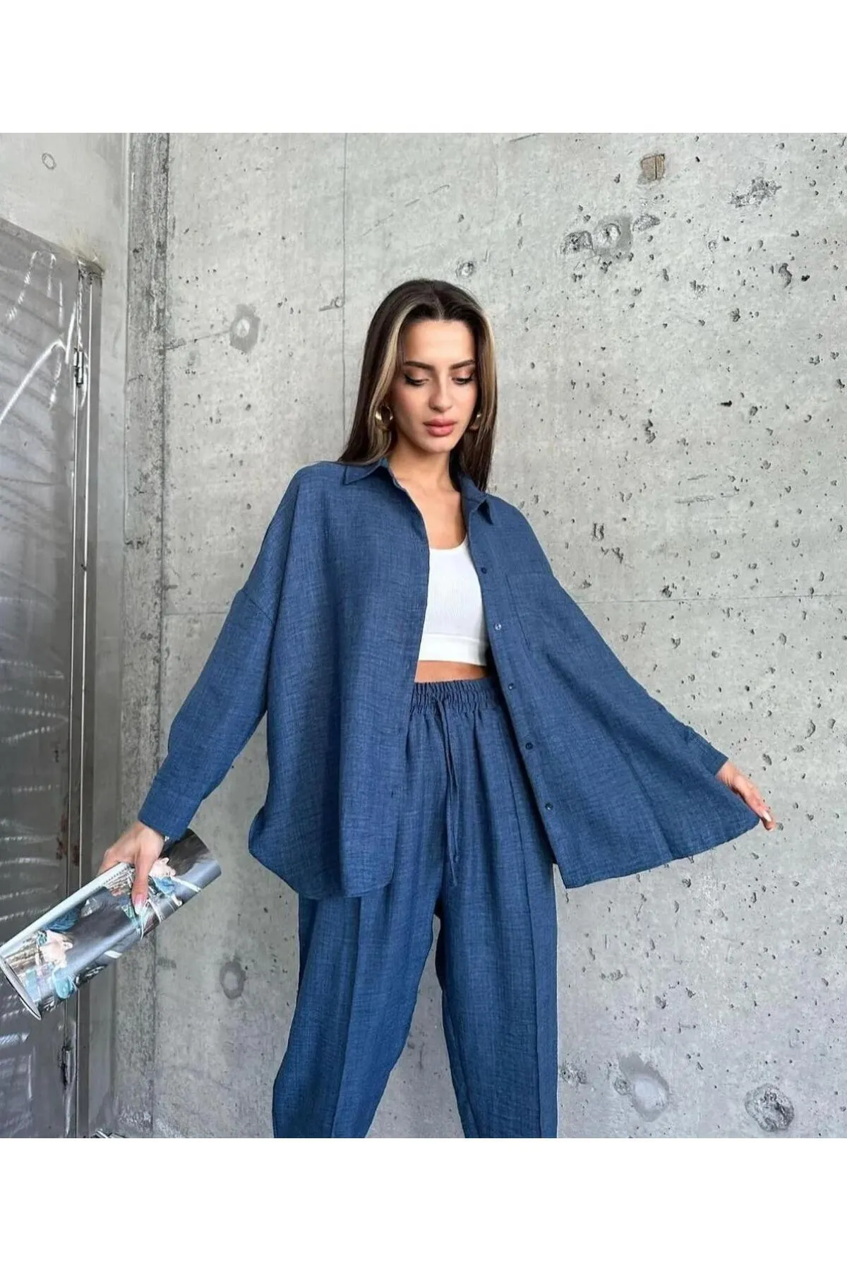 ZF BUTİK  Damen Set aus Hemd und Hose aus doppeltem Leinen in Blau