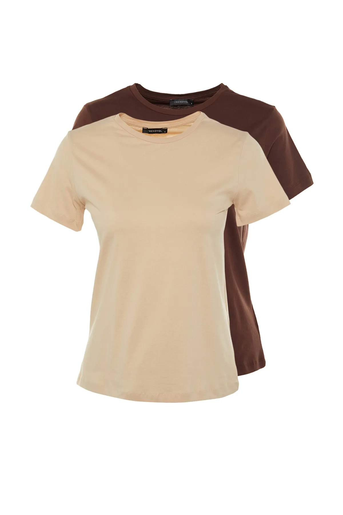 Trendyol Collection  Braun-Beige Basic-Strick-T-Shirt aus 100 % Baumwolle im 2er-Pack TWOSS20TS0141