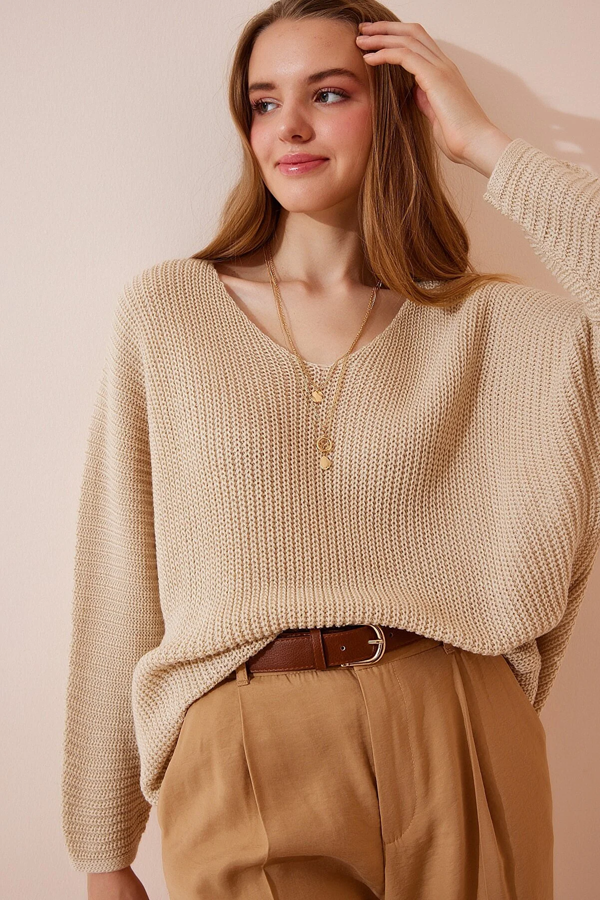 Happiness İstanbul  Pullover - Beige - Oversized