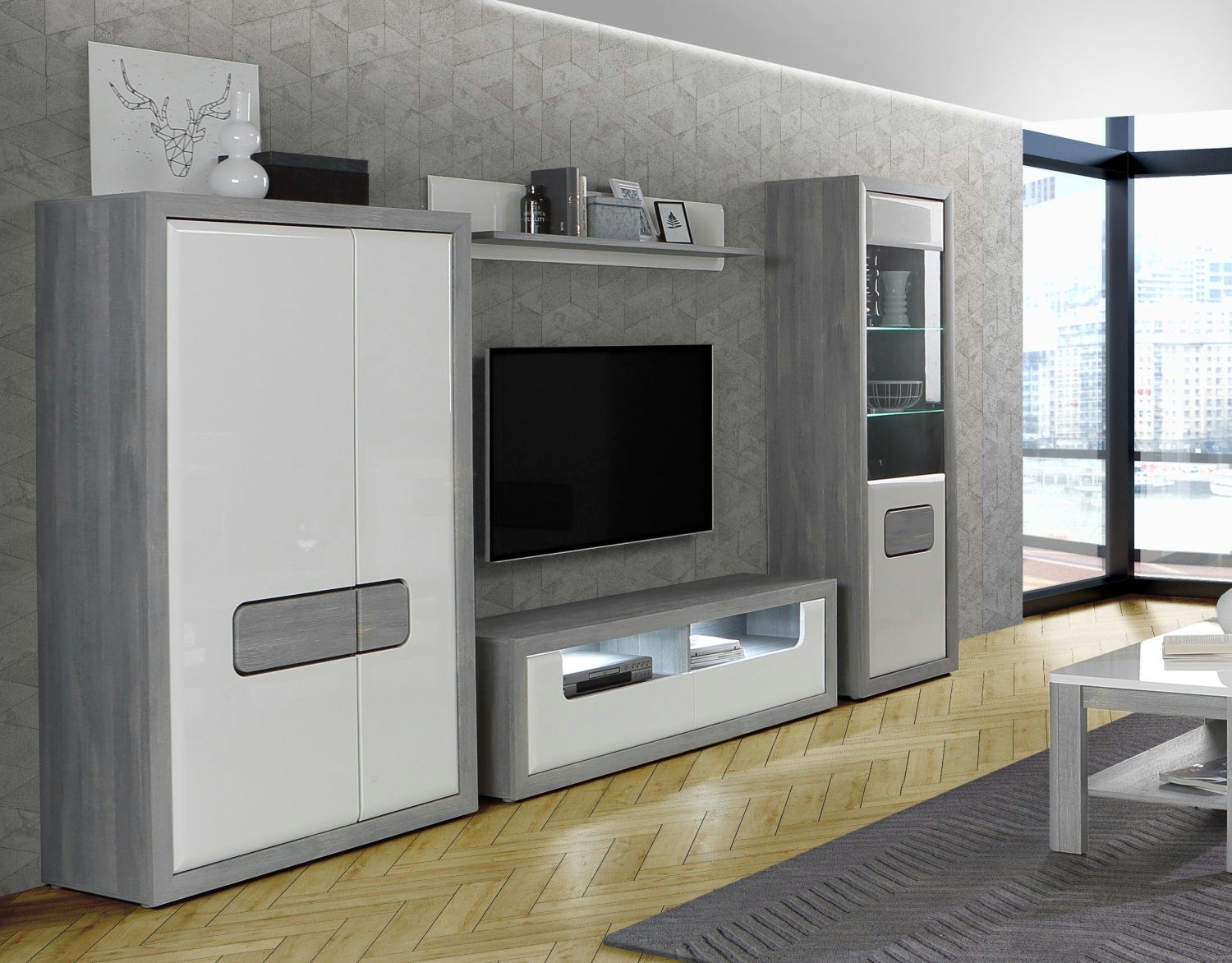 möbel-direkt.de Wohnwand Tomasso, (Komplett Set, 4-St., Standvitrine + Hochkommode + Wandboard + TV- Schrank), MDF Hochglanzfronten, Push Open- Funktion, Dämpfung