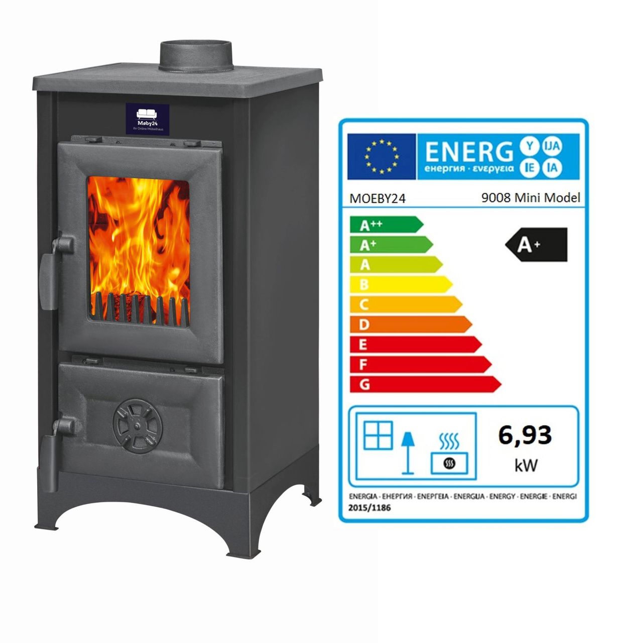 Moeby24 Kamin Ofen Kaminofen Anthrazit 130mm Rauchrohr 6,93 KW BimSchV 1-2 EEK A  9008