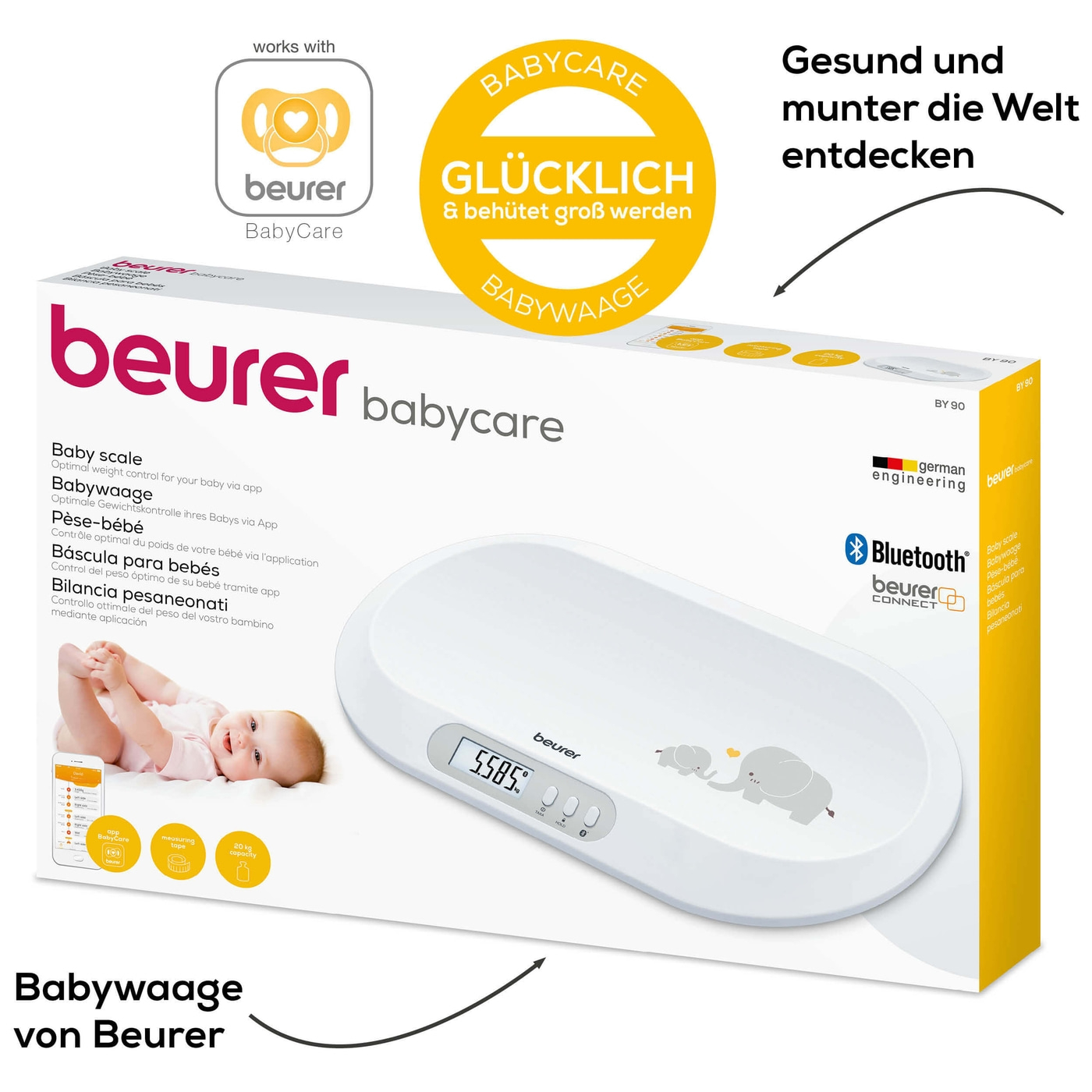 Beurer Babywaage BY 90-Babywaage mit Hold-Funktion für genaues Wiegen trotz Bewegungen & App-Anbindung