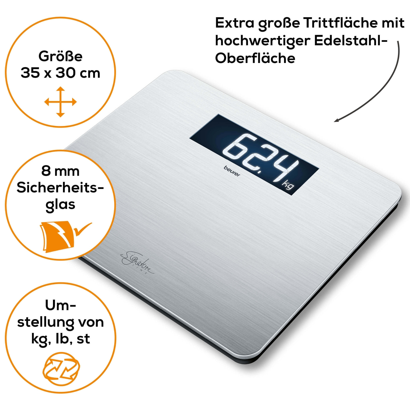 Beurer Edelstahlwaage GS 405 SignatureLine-Glaswaage im XXL-Format mit hochwertiger Edelstahloberfläche - bis 200 kg