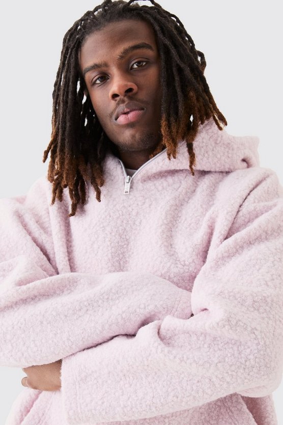 Kastiger Oversize Bouclee Borg-Hoodie mit 1/4 Reißverschluss