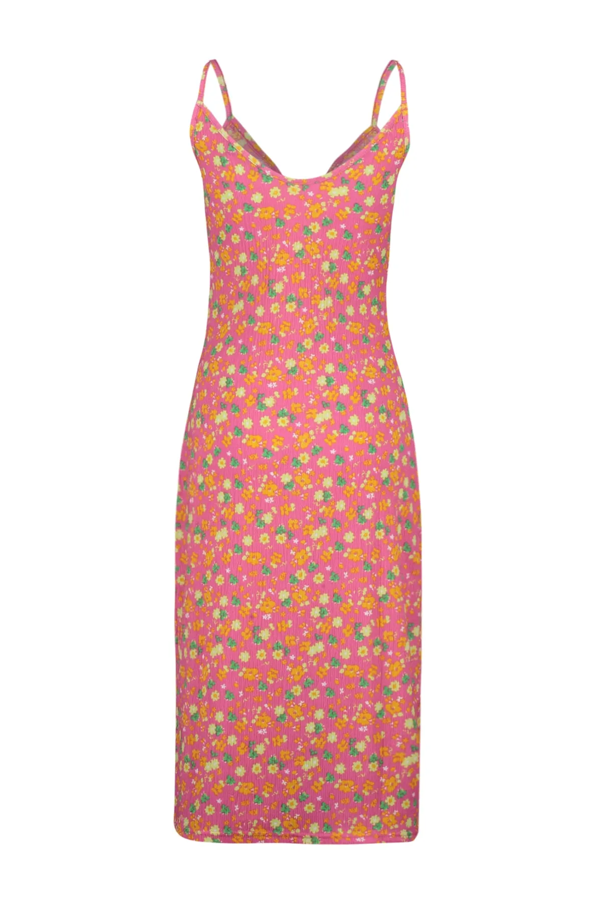 Trendyol Collection  Rosafarbenes, mit Blumenmuster bedrucktes Midi-Strickkleid mit gewickelter Taille und Skater-Trägern TWOSS23EL01454