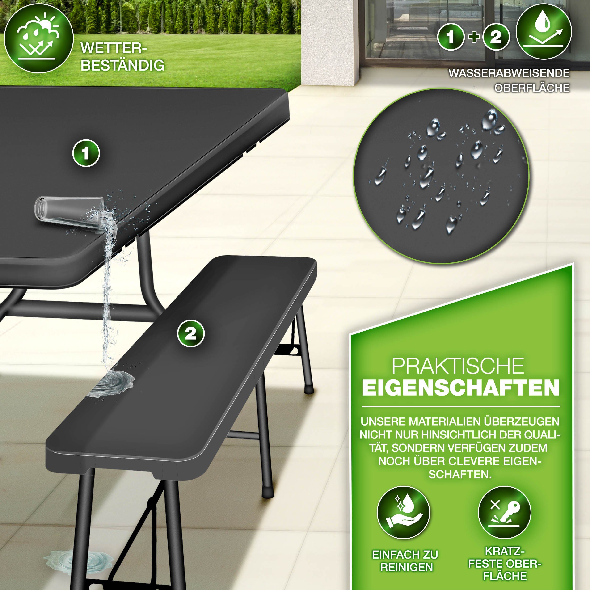 tillvex Bierzeltgarnitur klappbar 3-teilig Set Kunststoff Gartengarnitur wetterfest 180 cm, (Gartenmöbel Set Indoor & Outdoor mit Gartentisch und Bänken, Festzeltgarnitur)