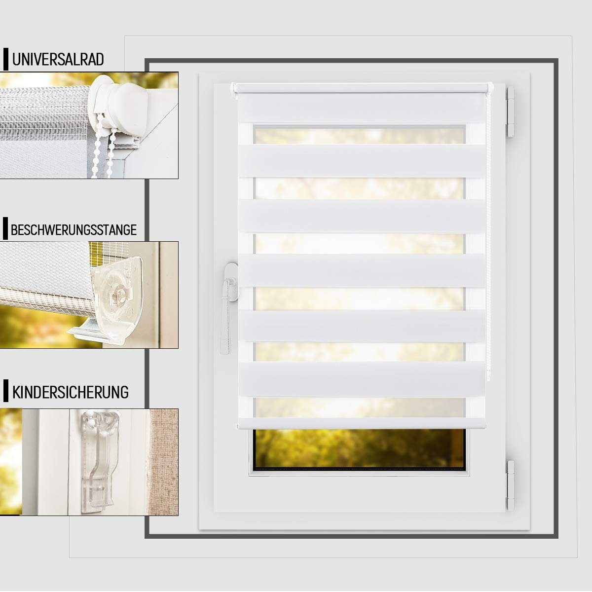 Doppelrollo Klemmfix ohne Bohre, OUBO, verdunkelnd, Fensterrollo Seitenzugrollo Blickdicht, Für Fenster und Tür mit Klämmträger lichtdurchlässig verdunkelnd