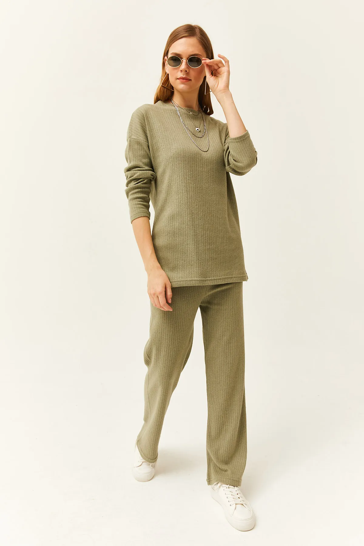 Olalook  Damen Hellkhaki Unterteil Oberteil Gerippt Dicker Anzug TKM-19000242