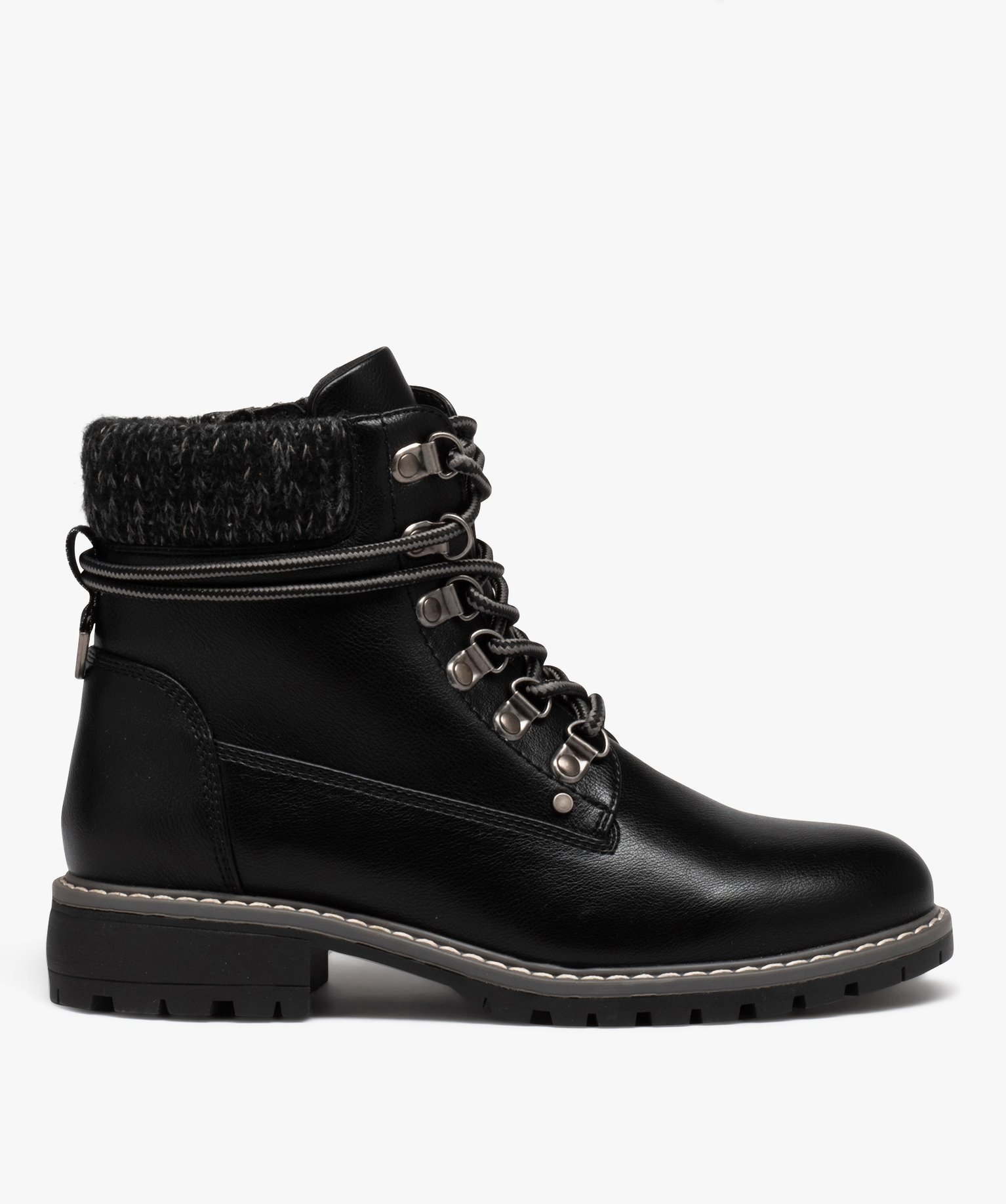 Boots femme unies avec col en maille et lacets de montagne noir | GEMO