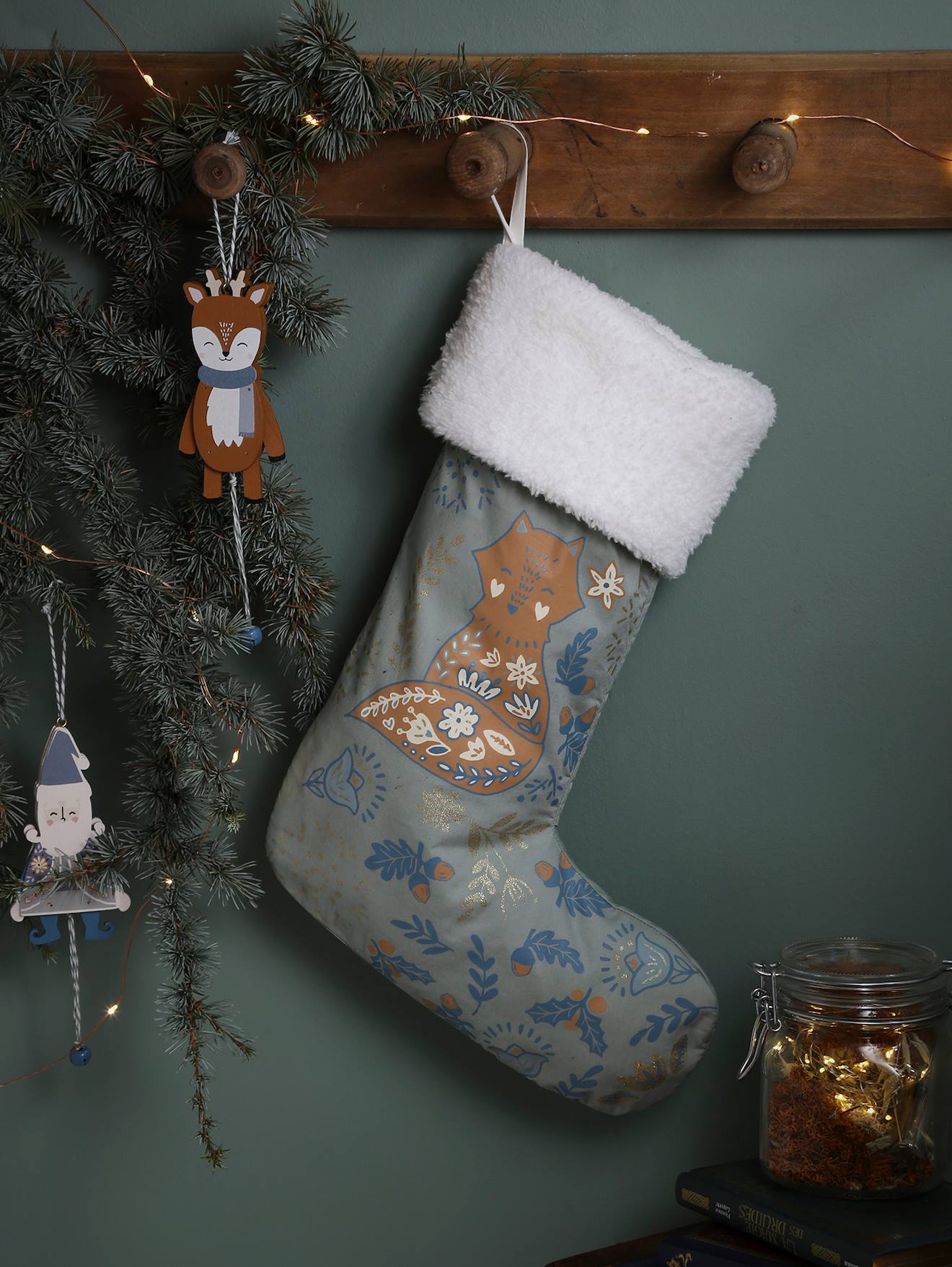 Chaussette de Noël Renard Scandinave vert / bleu