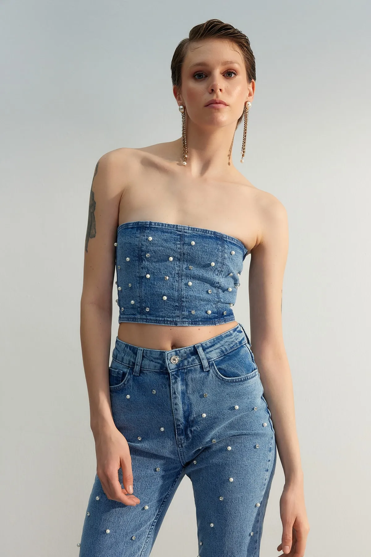 Trendyol Collection  Blue Pearl Denim-Bustier in limitierter Auflage TWOSS23BS00018