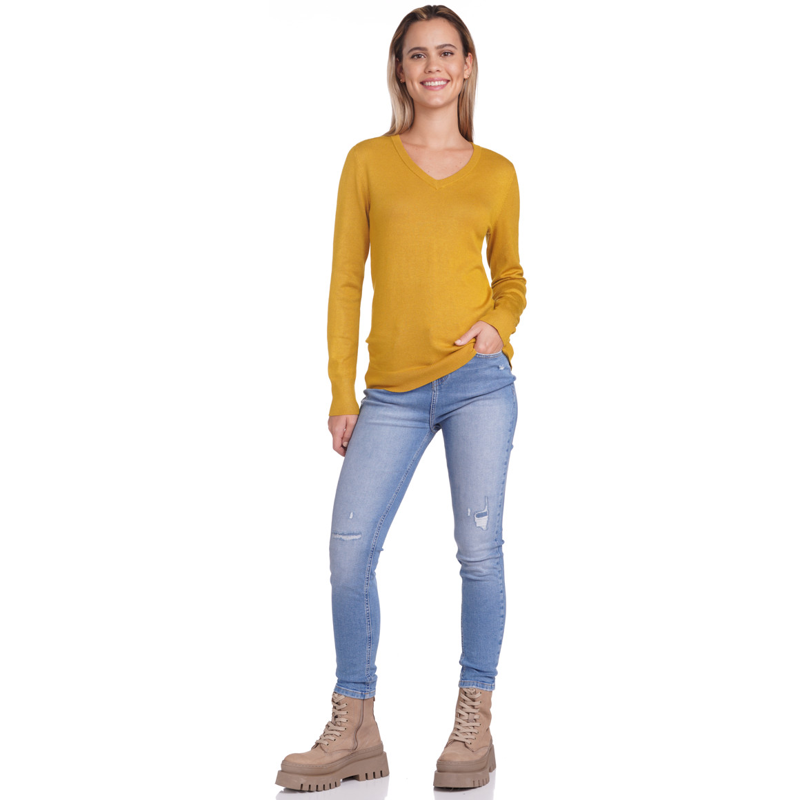 Damen Feinstrickpullover mit V-Ausschnitt