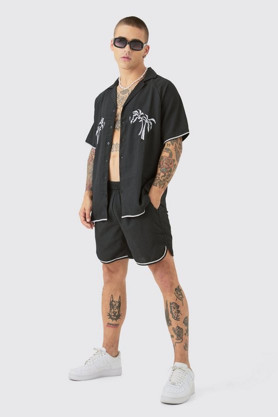 Oversize Seersucker Hemd & Shorts mit Palmen-Stickerei