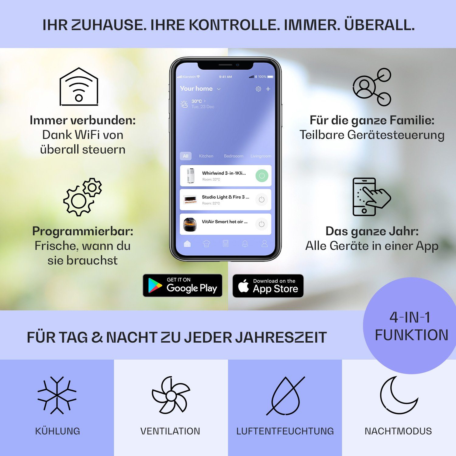Klarstein Klimagerät Metrobreeze Rom Smart, Klimagerät mobil Air Conditioner Kühlgerät Luftkühler