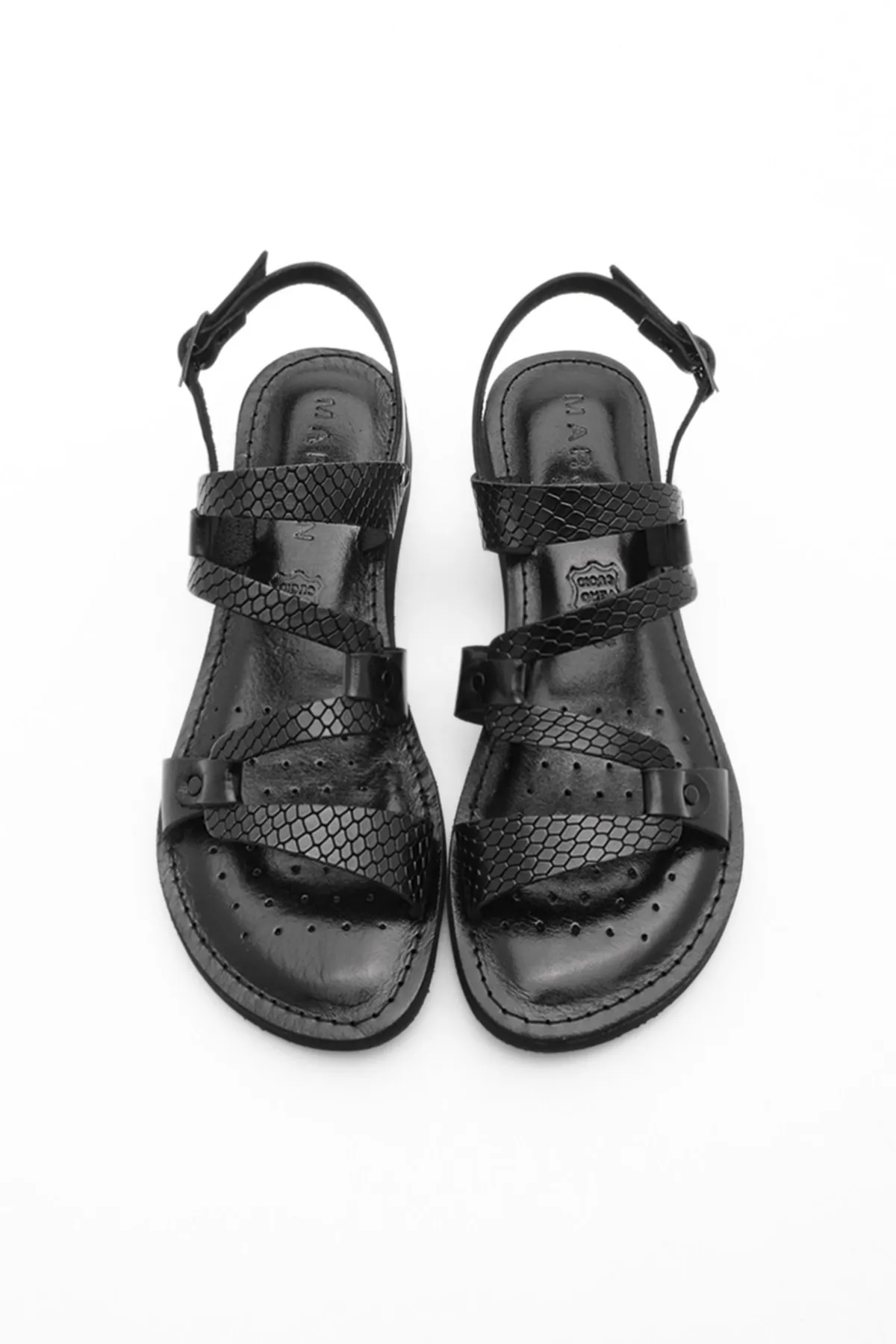 Marjin  Damen Sandalen aus echtem Leder, leichte Eva-Sohle, für den Alltag, Perte Black Snake