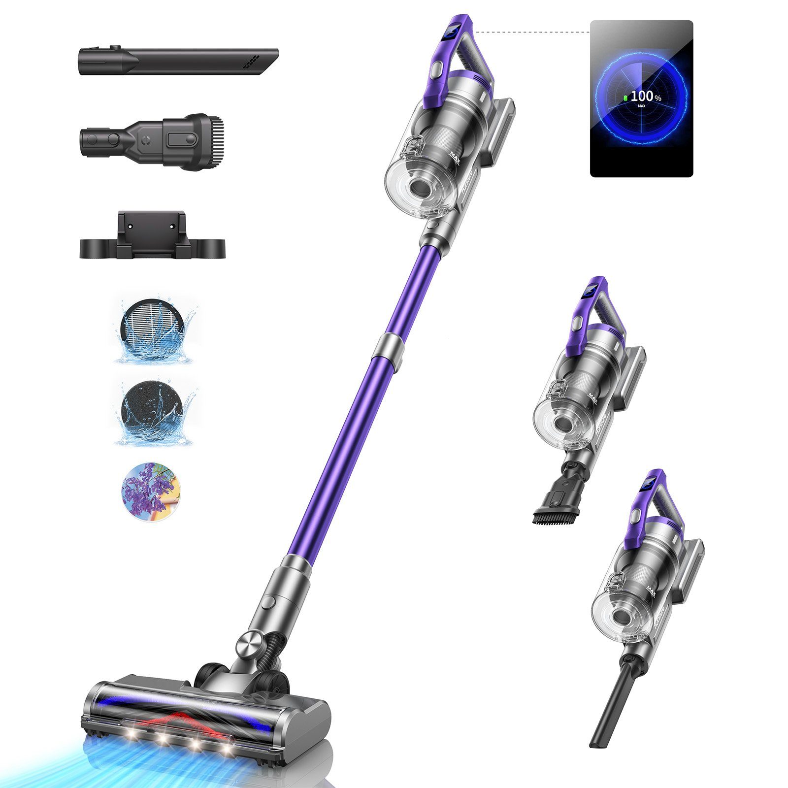Honiture Akku-Hand-und Stielstaubsauger, 450,00 W, 33KPA Akku Staubsauger, Anti-Tangle-Staubsauger, 55 Minuten Laufzeit, Kantenreinigung, 1.2L Staubbehälter