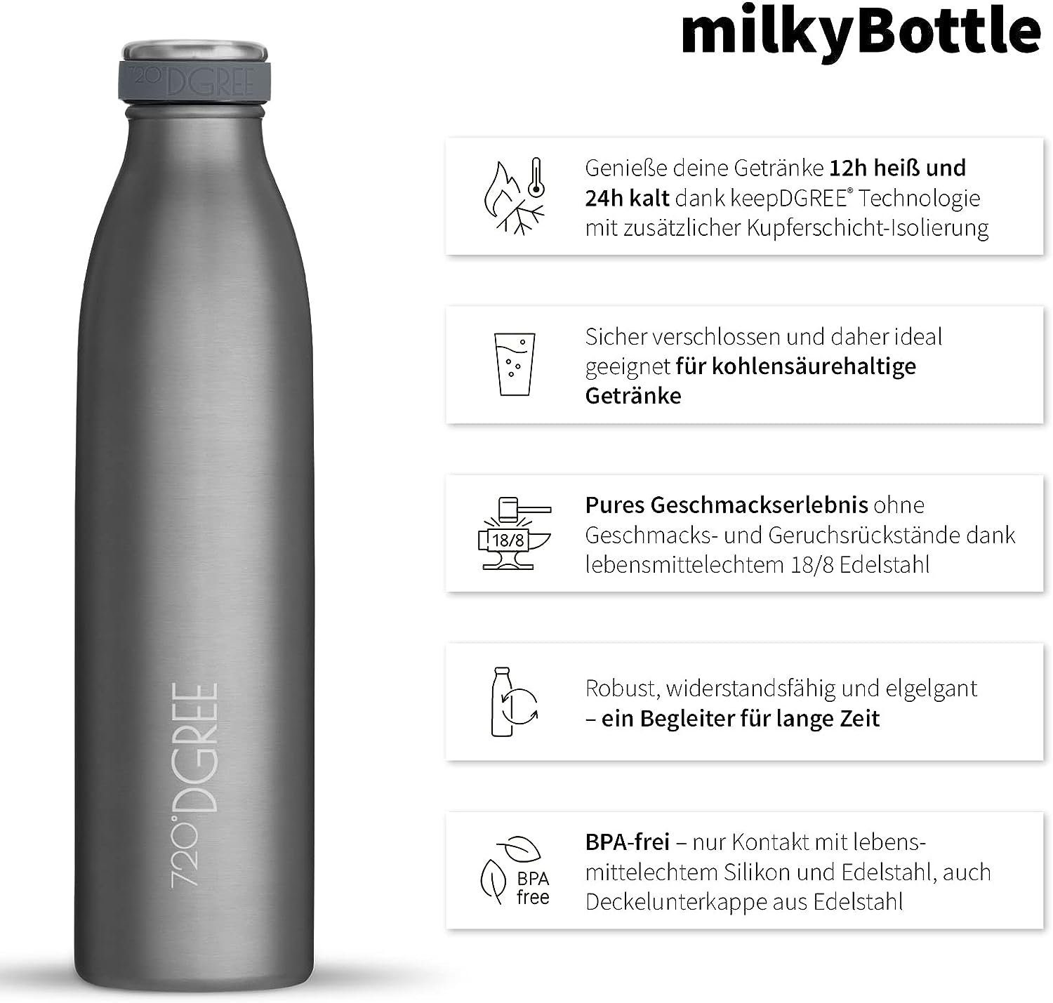 720°DGREE Trinkflasche milkyBottle Trinkflasche Edelstahl 500ml, 750ml, 1 liter, Isolierflasche Edelstahl Doppelwandig, perfekt für den Rucksack