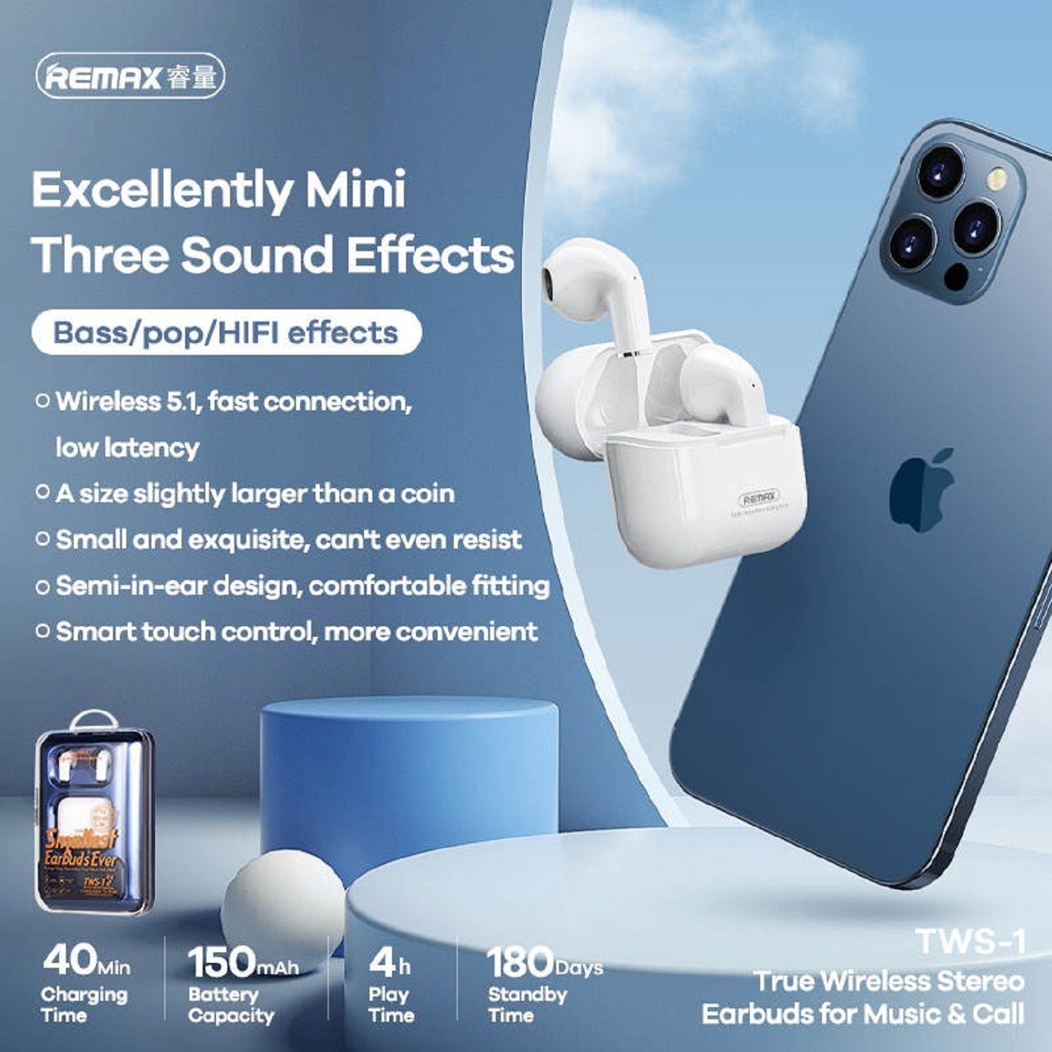 Remax TWS-1 5.0 True Wireless mit Ladecase Headset Bluetooth-Kopfhörer (Bluetooth, Touch Control, Bluetooth, True Wireless Stereo 5.1, für Smartphome)